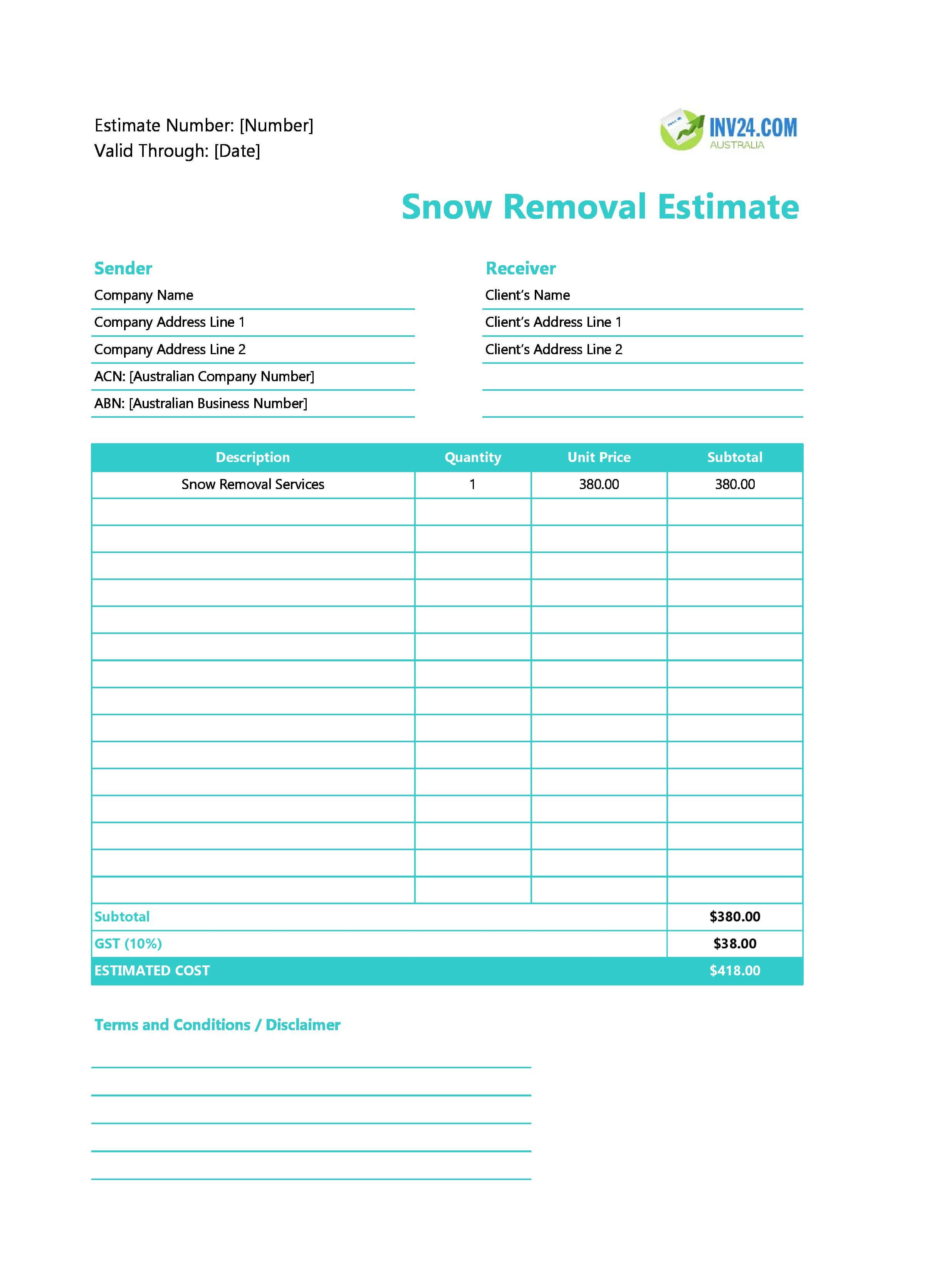 Snow Removal Estimate Template for Australia (Excel / Google Sheets)