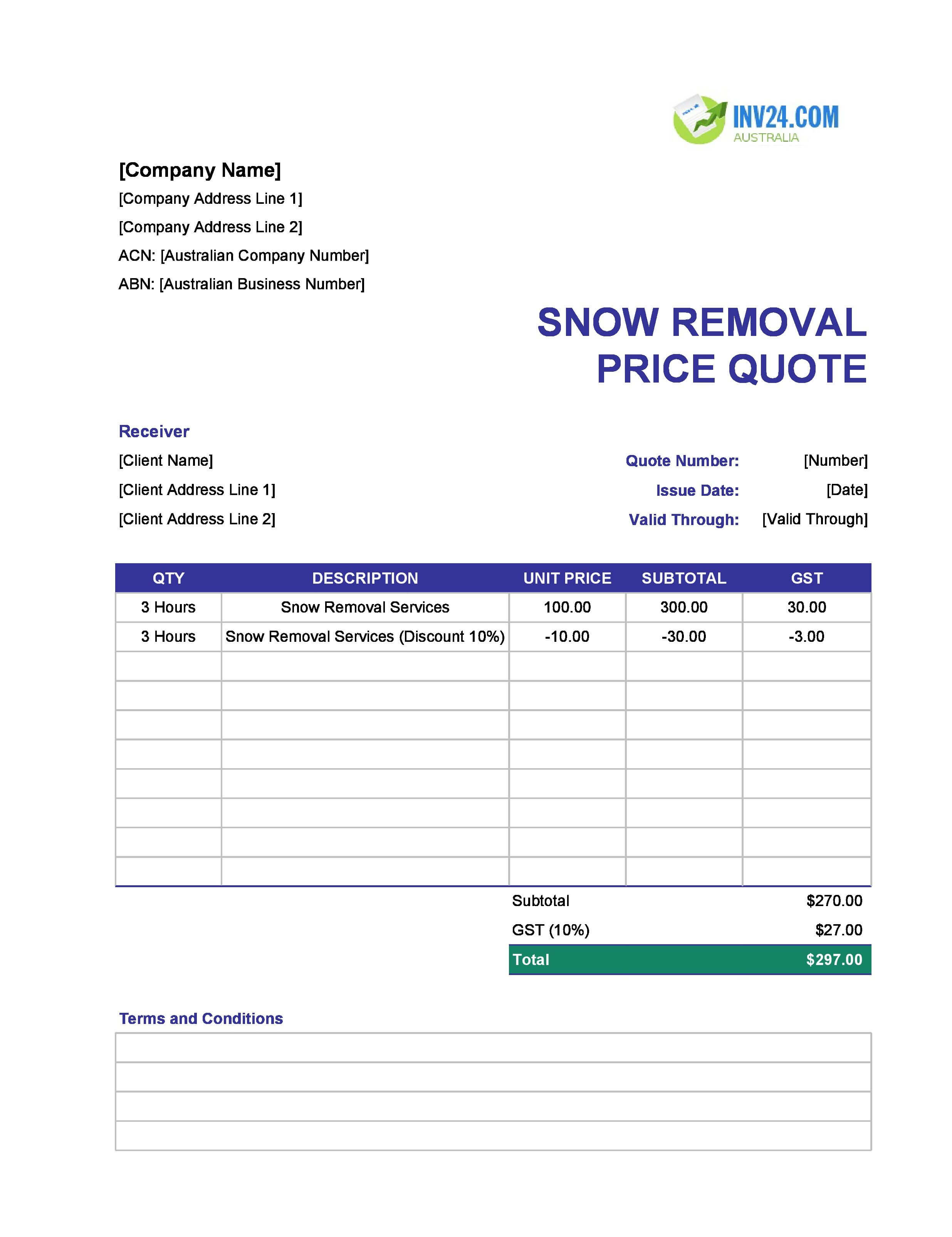 Snow Removal Quote Template for Australia (Excel / Google Sheets)