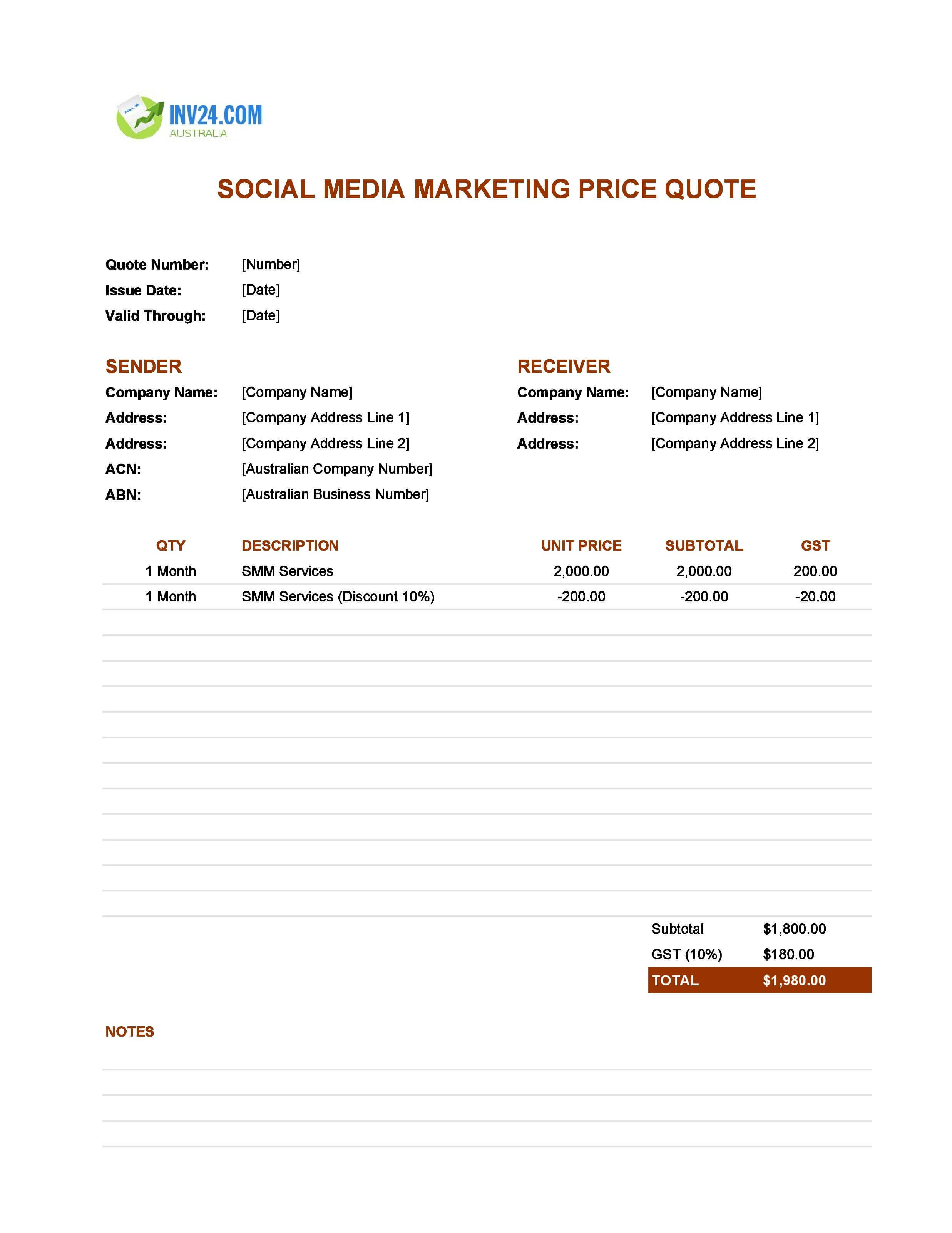 Social Media Marketing Quote Template for Australia (Excel / Google Sheets)