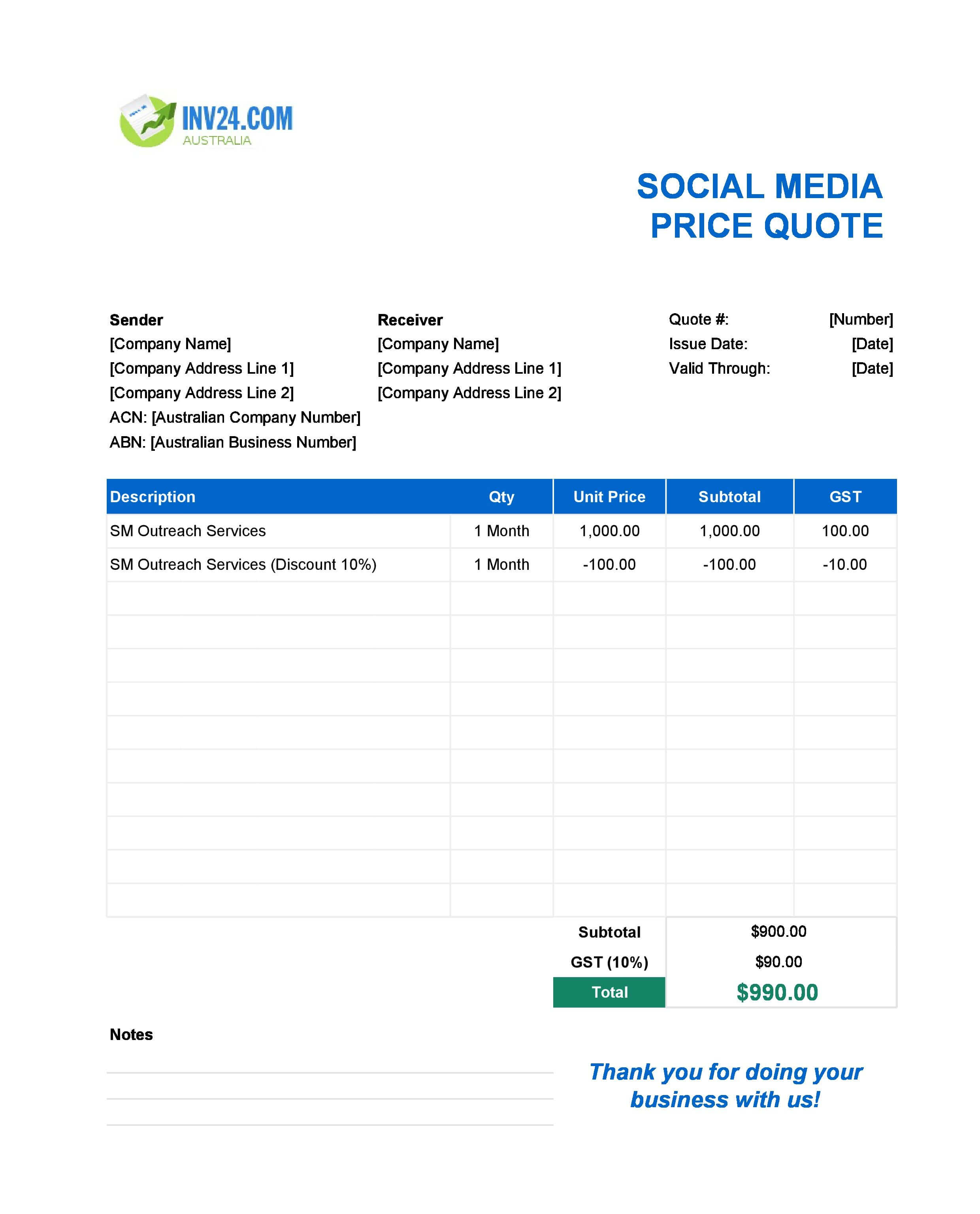 Social Media Quote Template for Australia (Excel / Google Sheets)