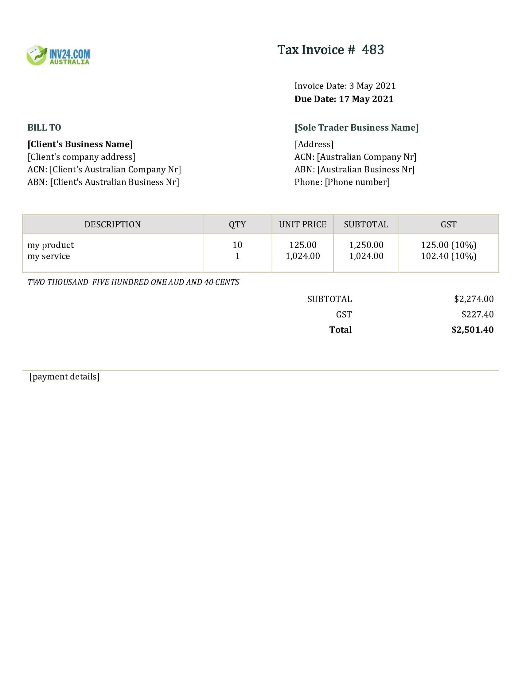 Sole Trader Invoice Template Australia (Word / Google Docs)
