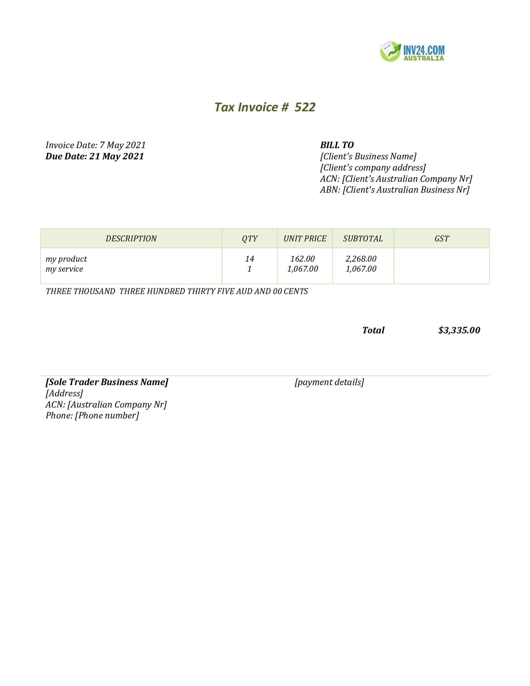 sole trader invoice template australia no gst