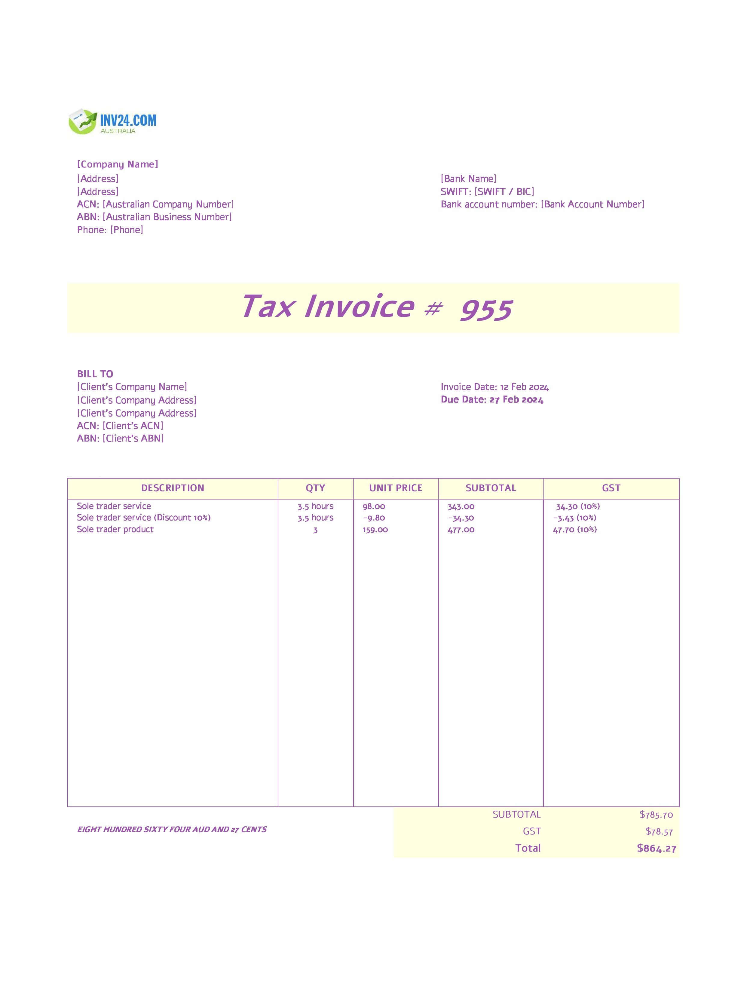Sole Trader Invoice Template Sheets Australia (Excel / Google Sheets)
