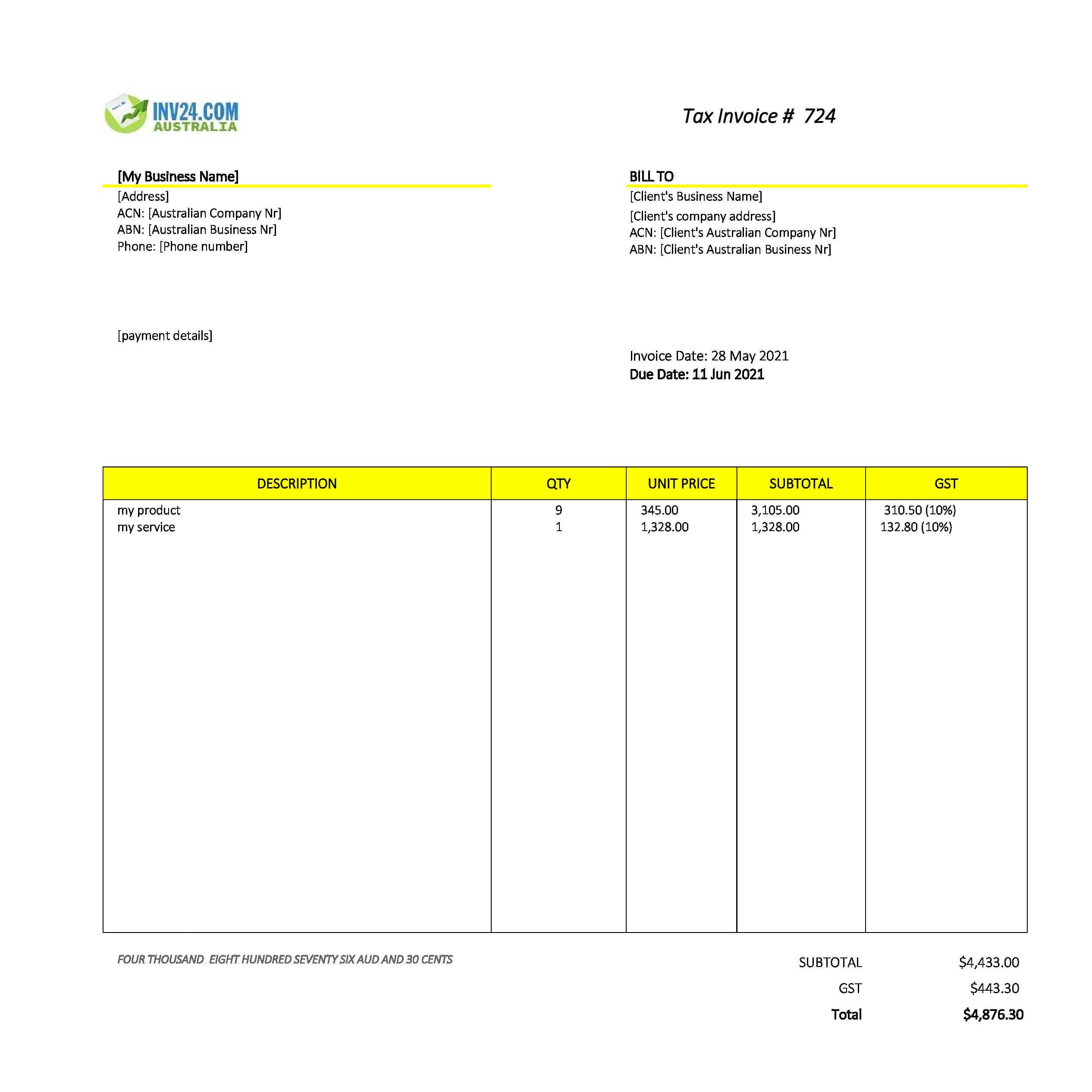 Standard Invoice Template Australia (Excel / Google Sheets)
