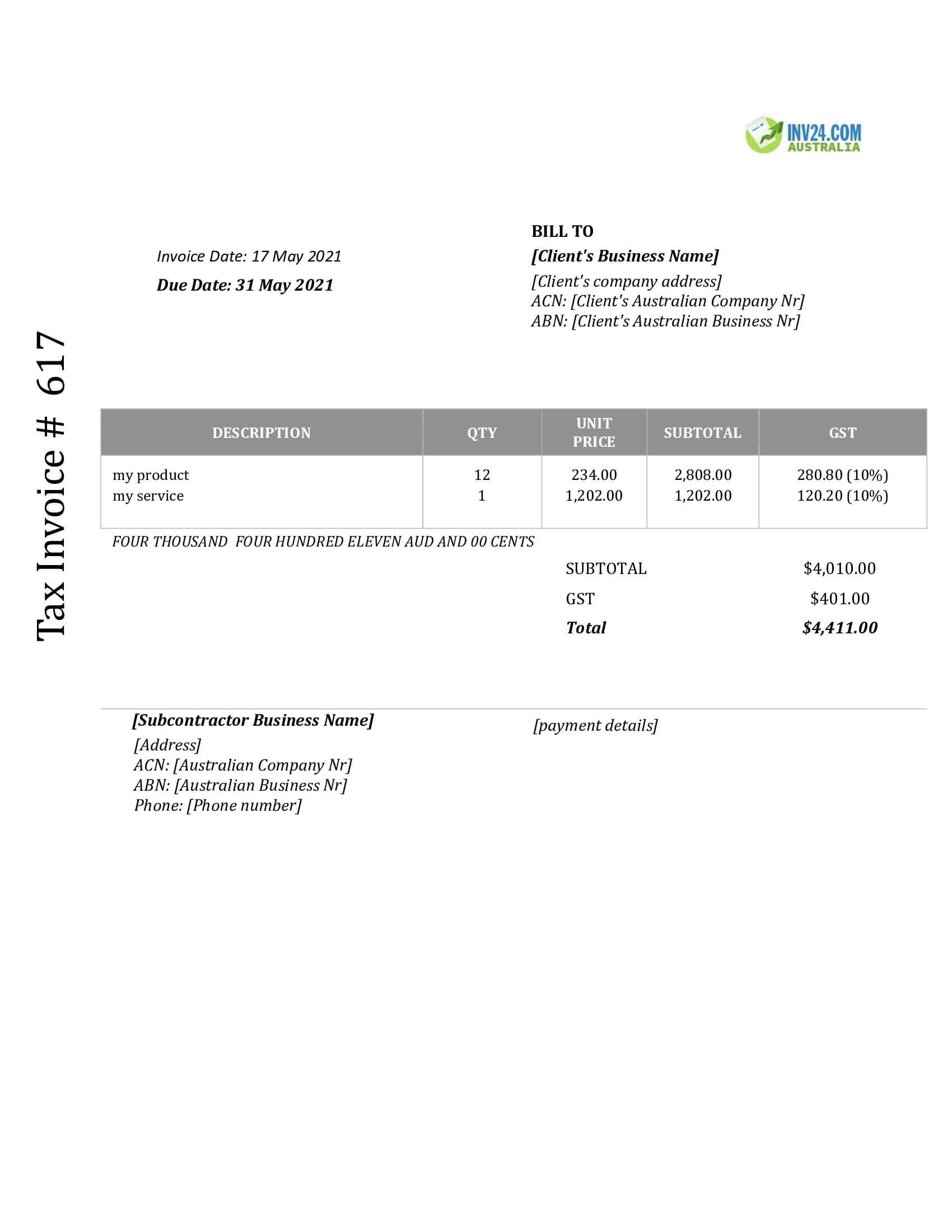 subcontractor invoice template australia