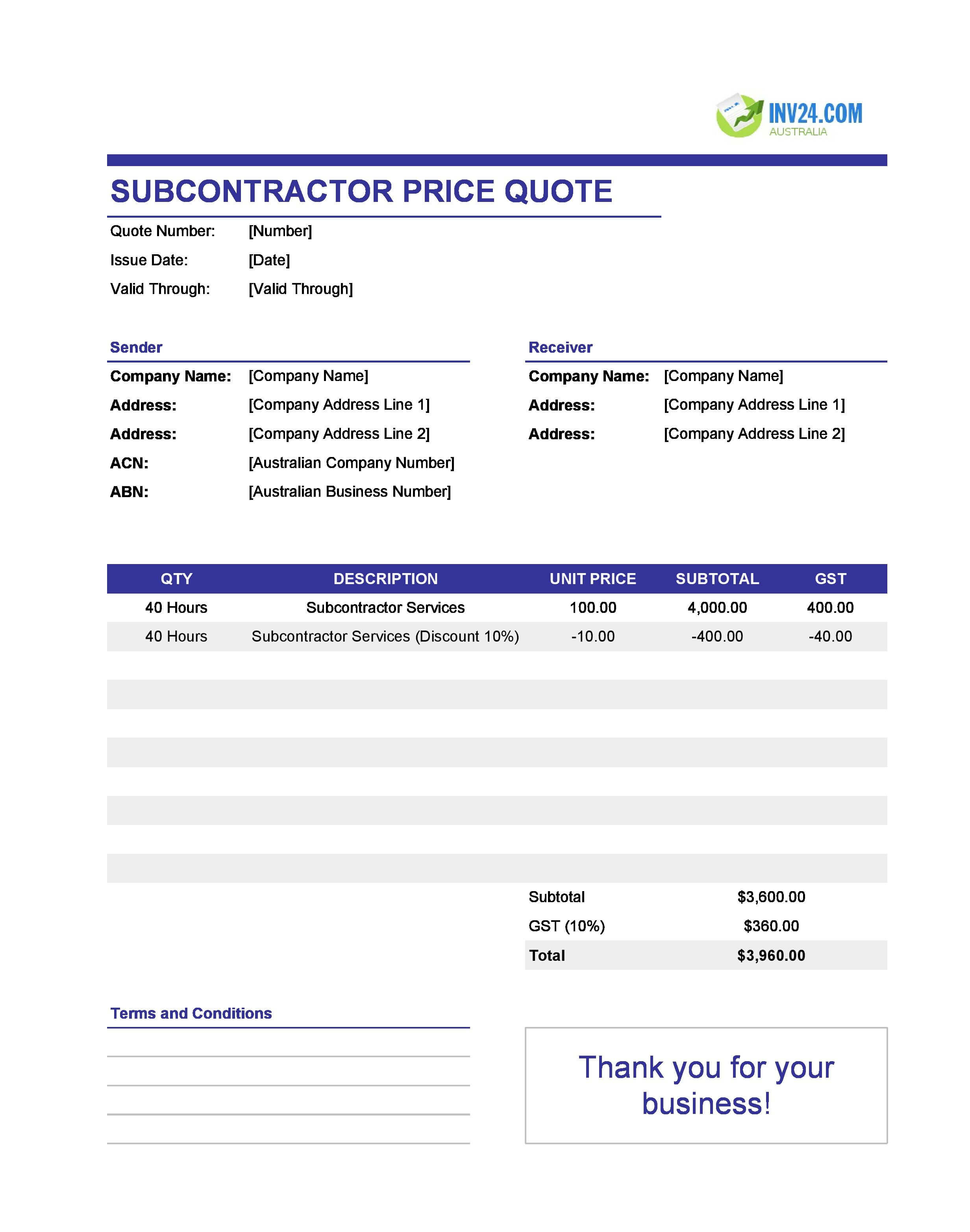 Subcontractor Quote Template for Australia (Excel / Google Sheets)