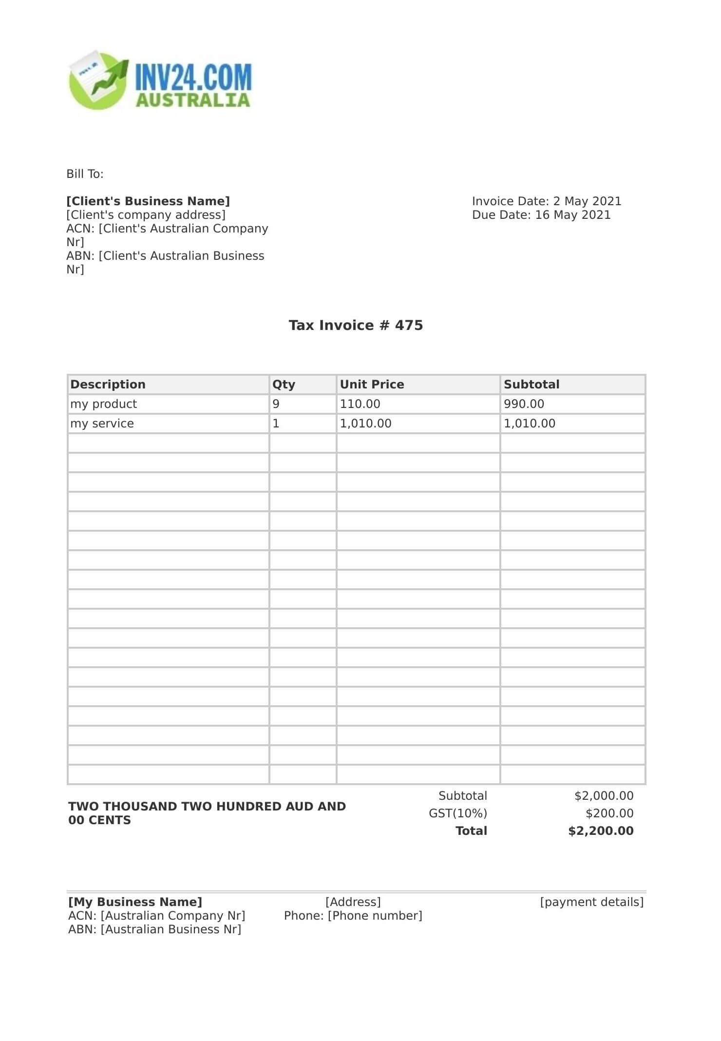 tax invoice template australia
