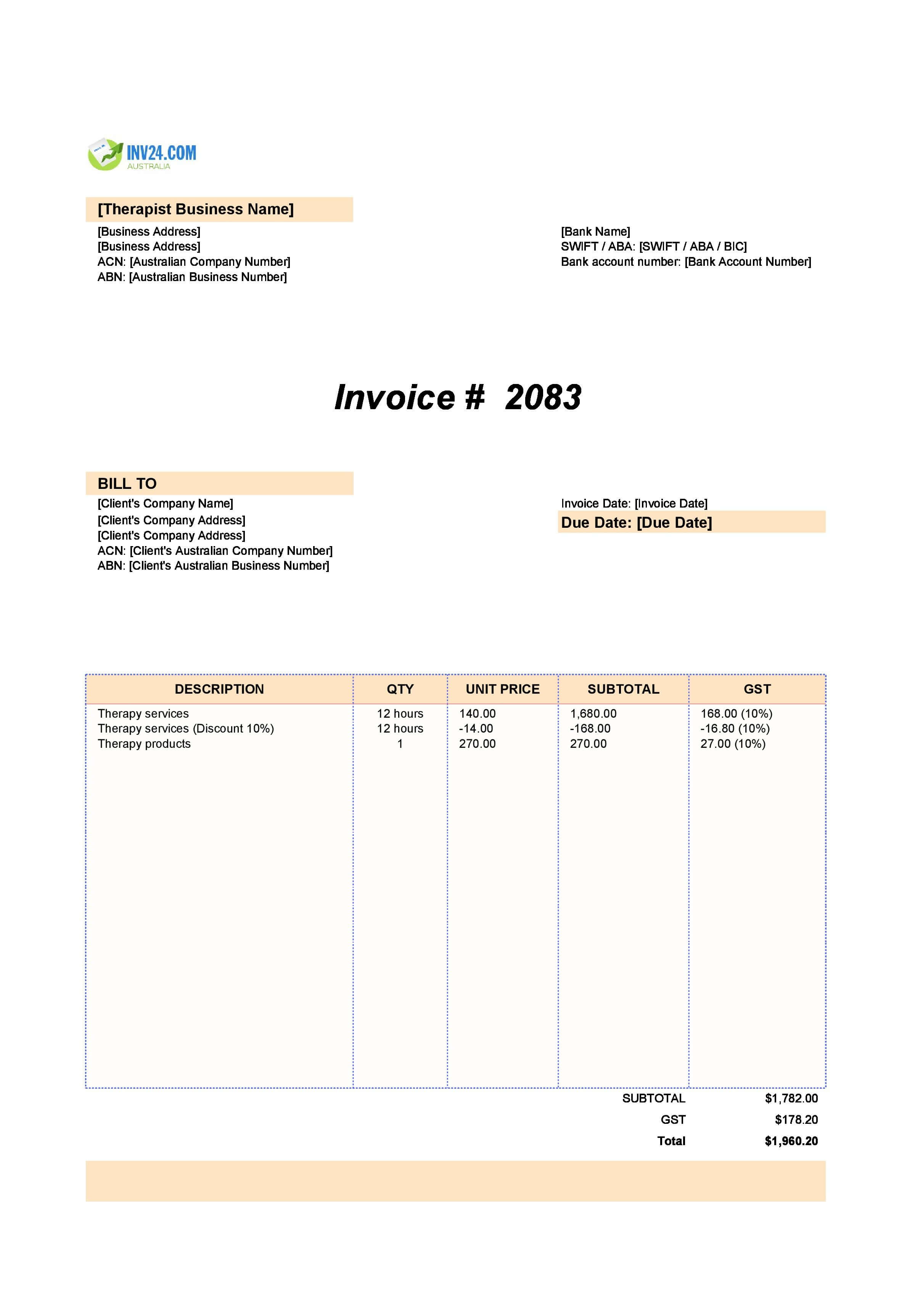 Therapist Invoice Template for Australia (Excel / Google Sheets)