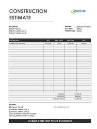 construction estimate template australia