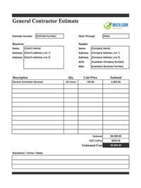 general contractor estimate template australia