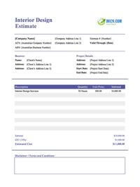 interior design estimate template australia