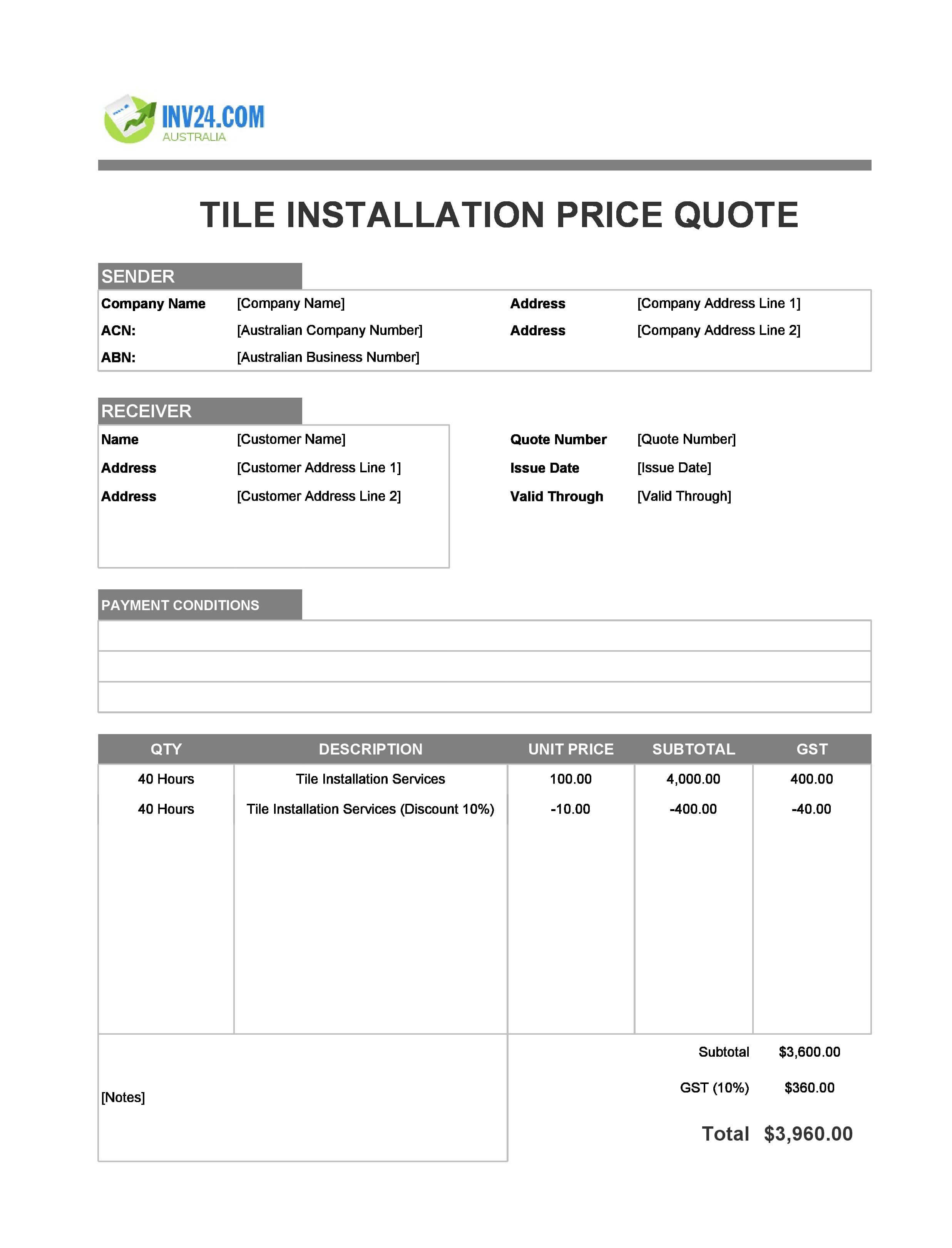Tile Installation Quote Template for Australia (Excel / Google Sheets)