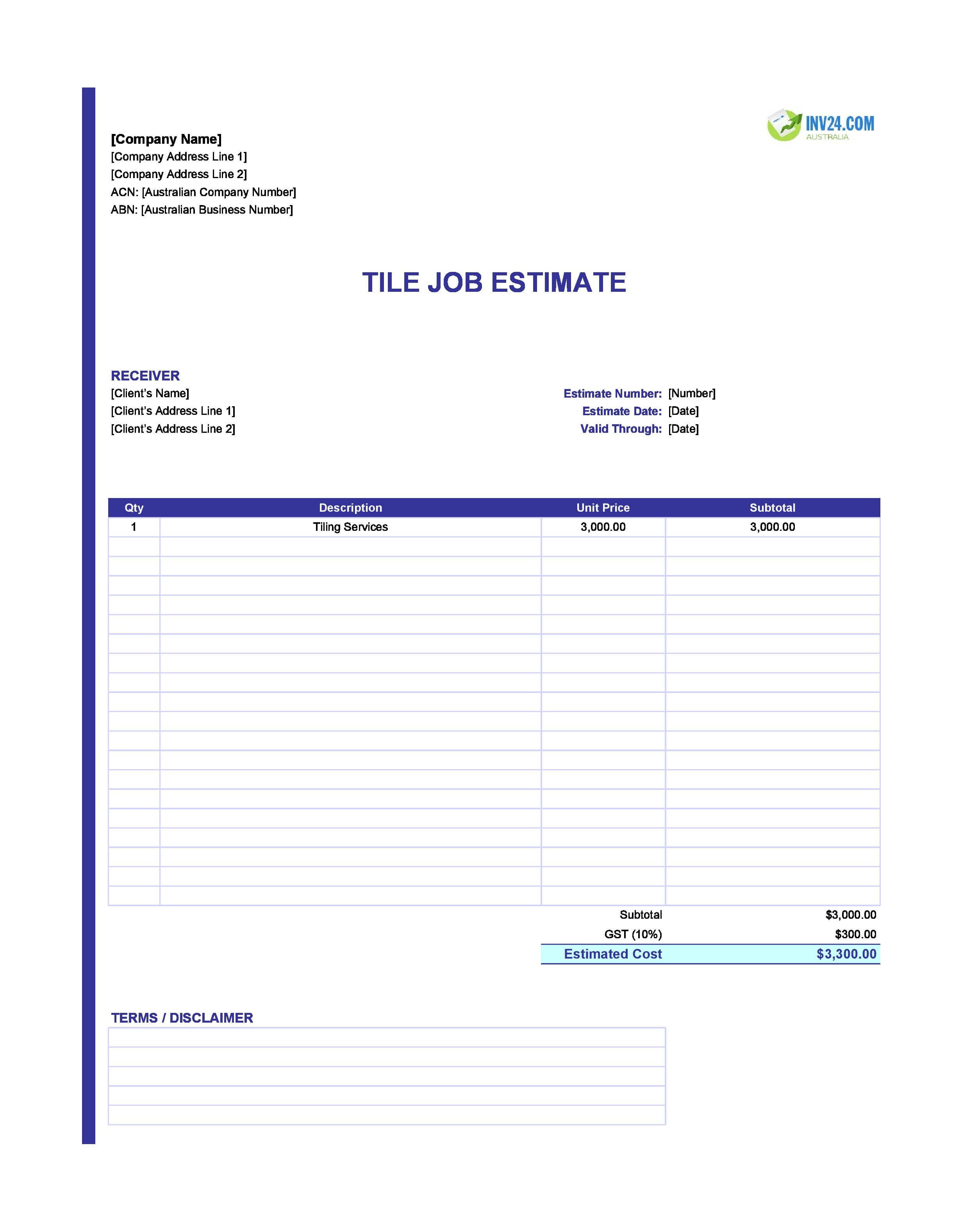 Tile Job Estimate Template for Australia (Excel / Google Sheets)