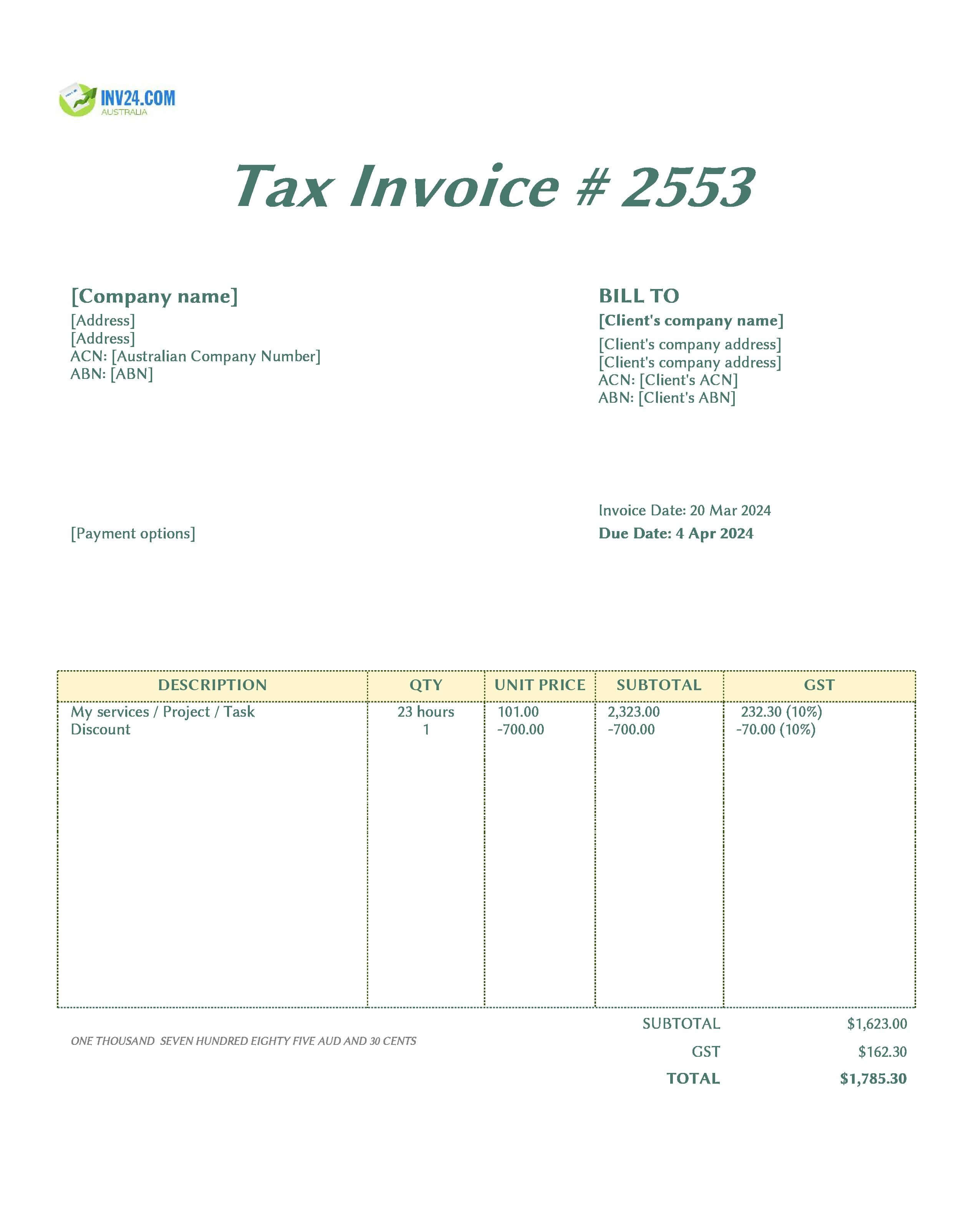 timesheet invoice template Australia