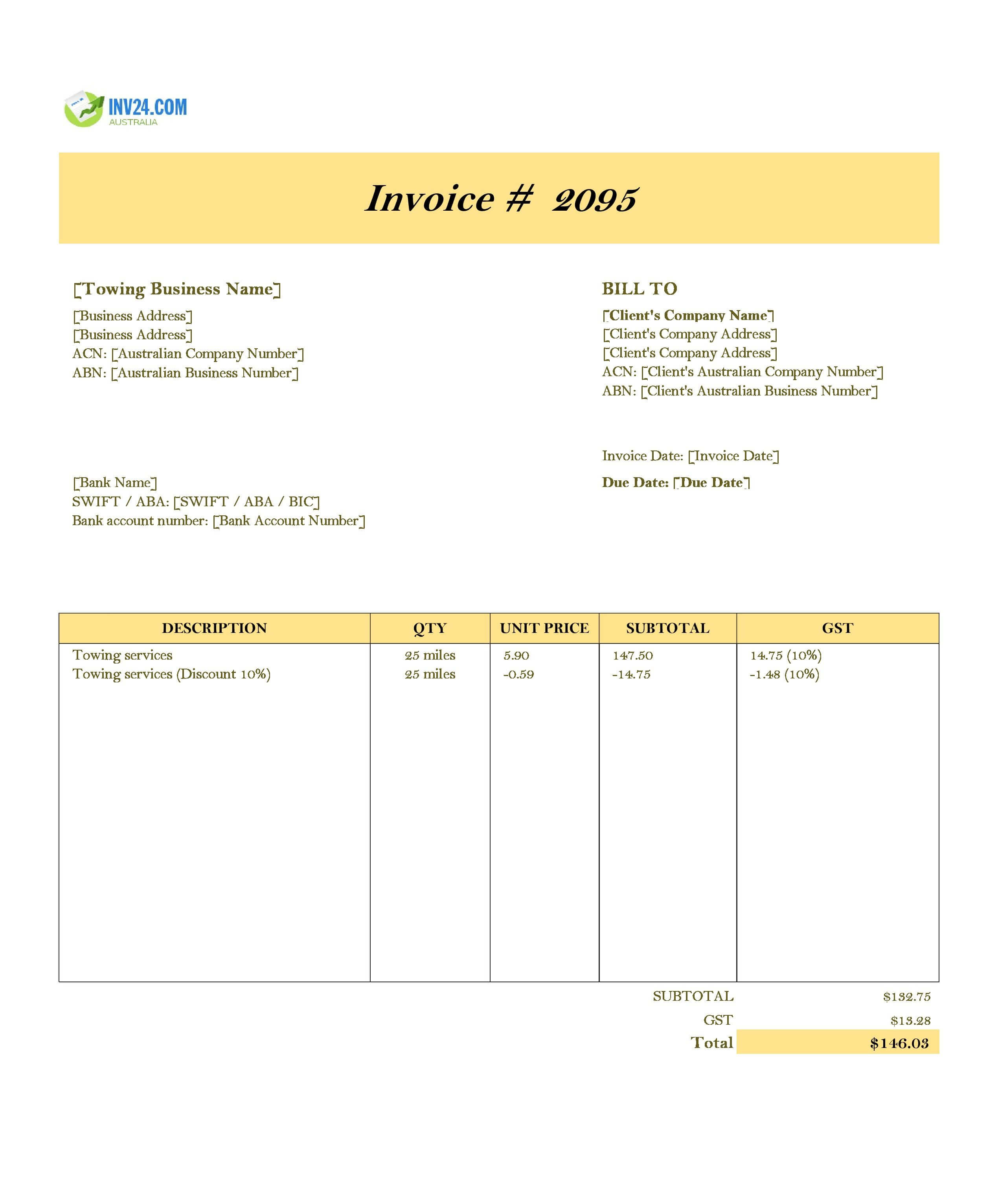 Towing Invoice Template for Australia (Excel / Google Sheets)