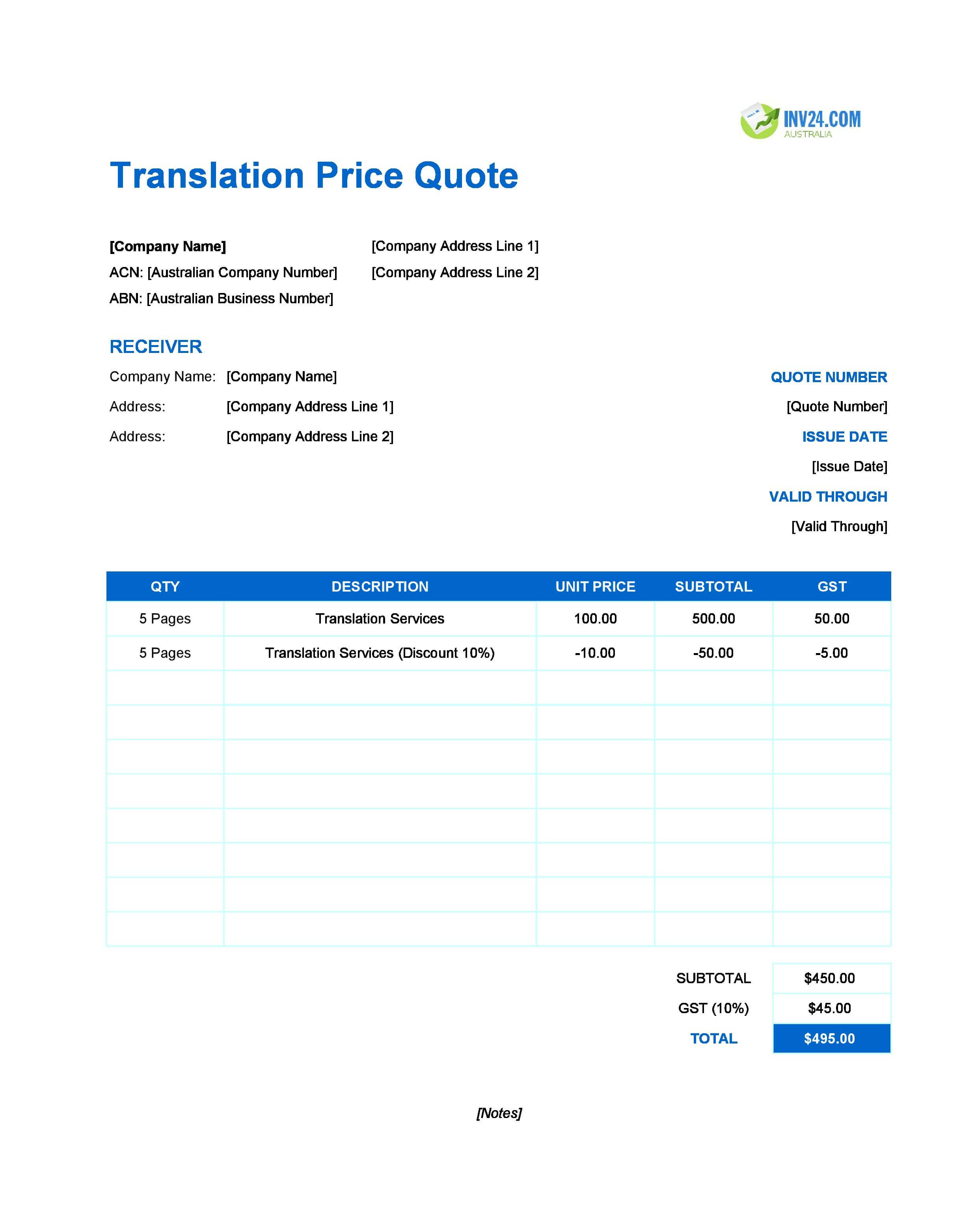 Translation Quote Template for Australia (Excel / Google Sheets)