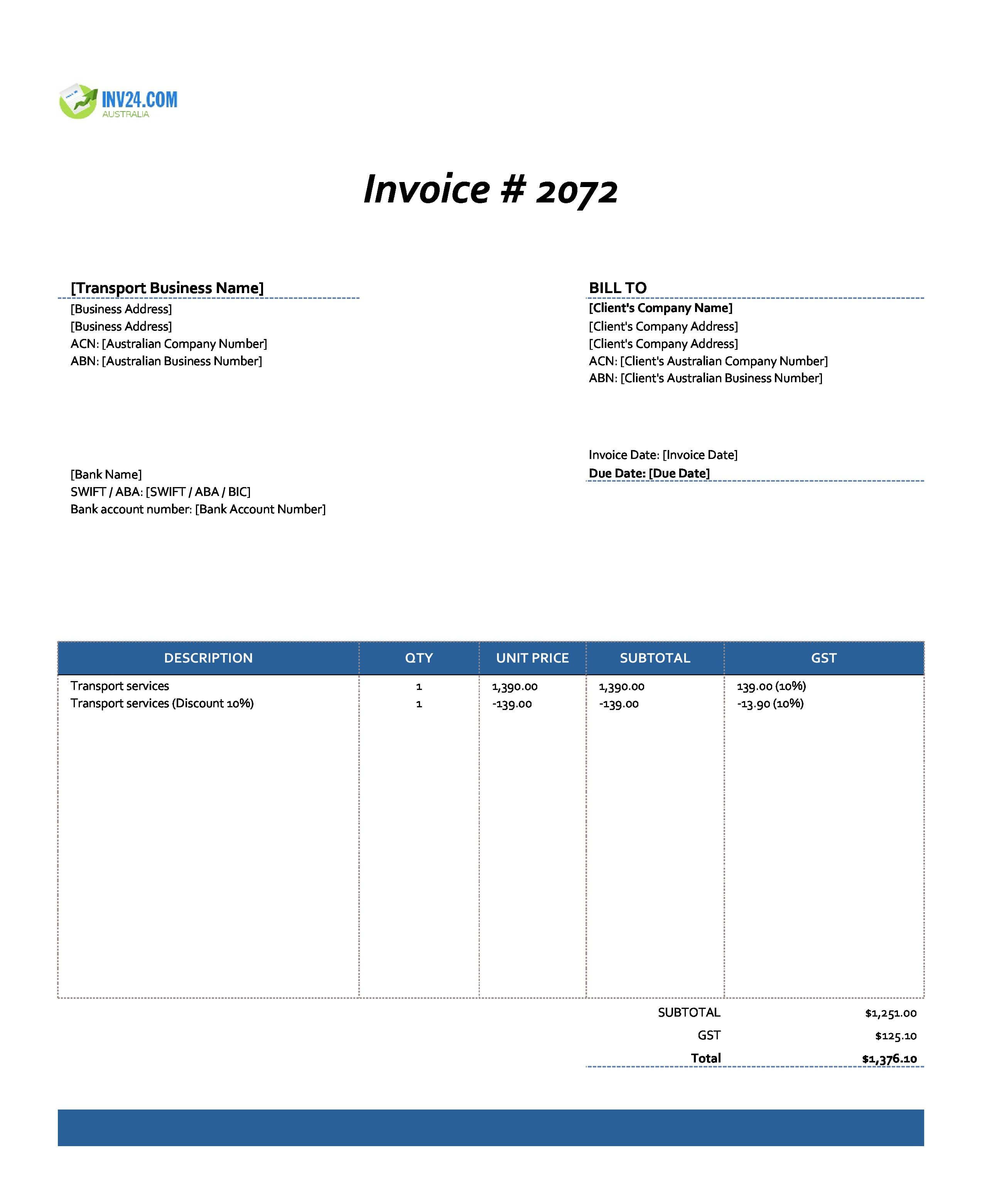 Transport Invoice Template for Australia (Excel / Google Sheets)