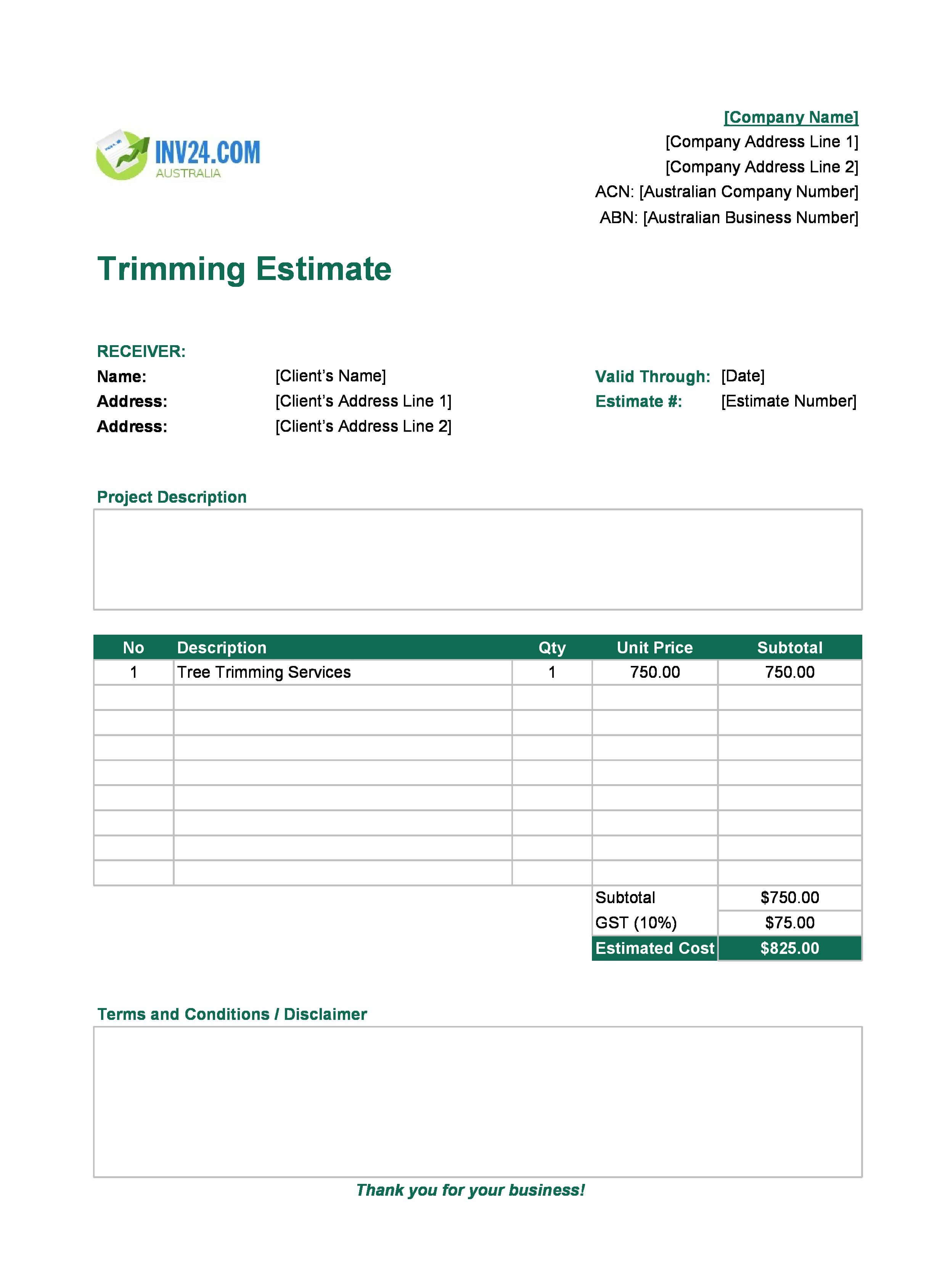 Trimming Estimate Template for Australia (Excel / Google Sheets)