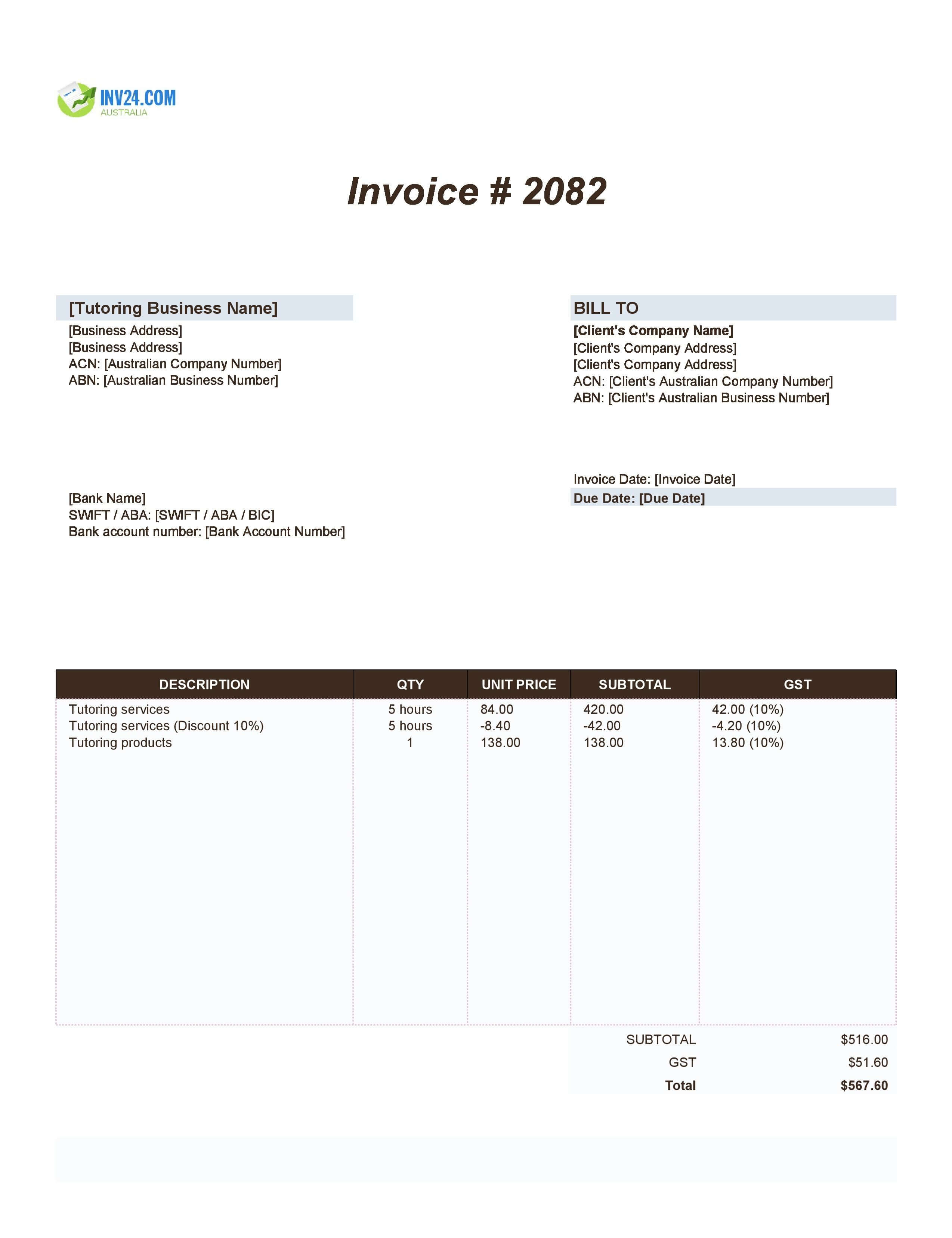 Tutoring Invoice Template for Australia (Excel / Google Sheets)