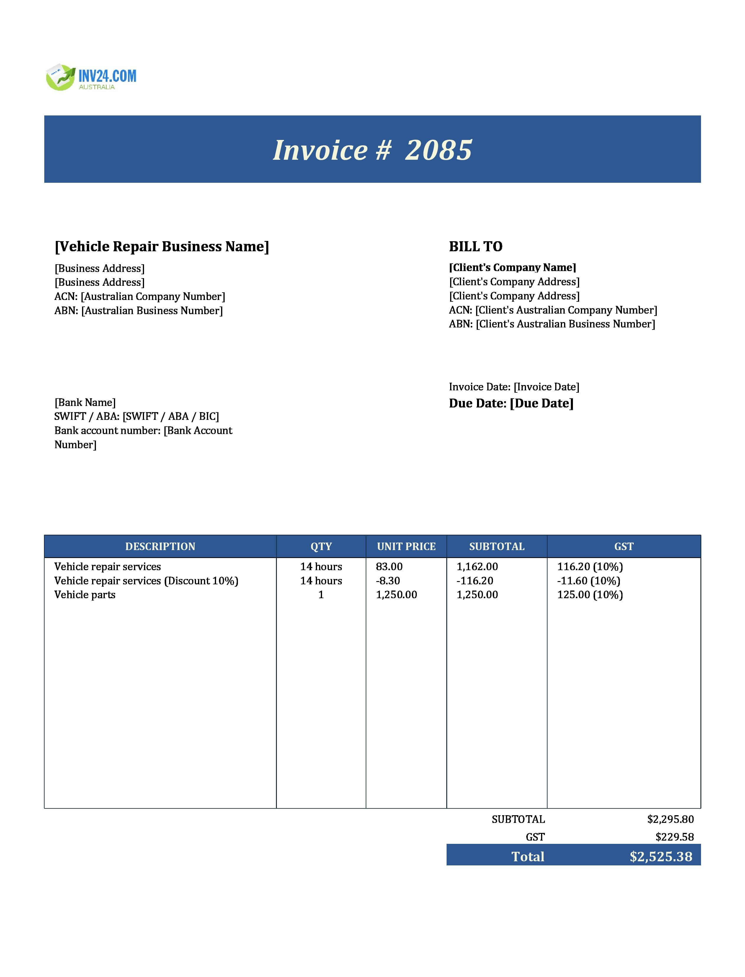 Vehicle Repair Invoice Template for Australia (Excel / Google Sheets)