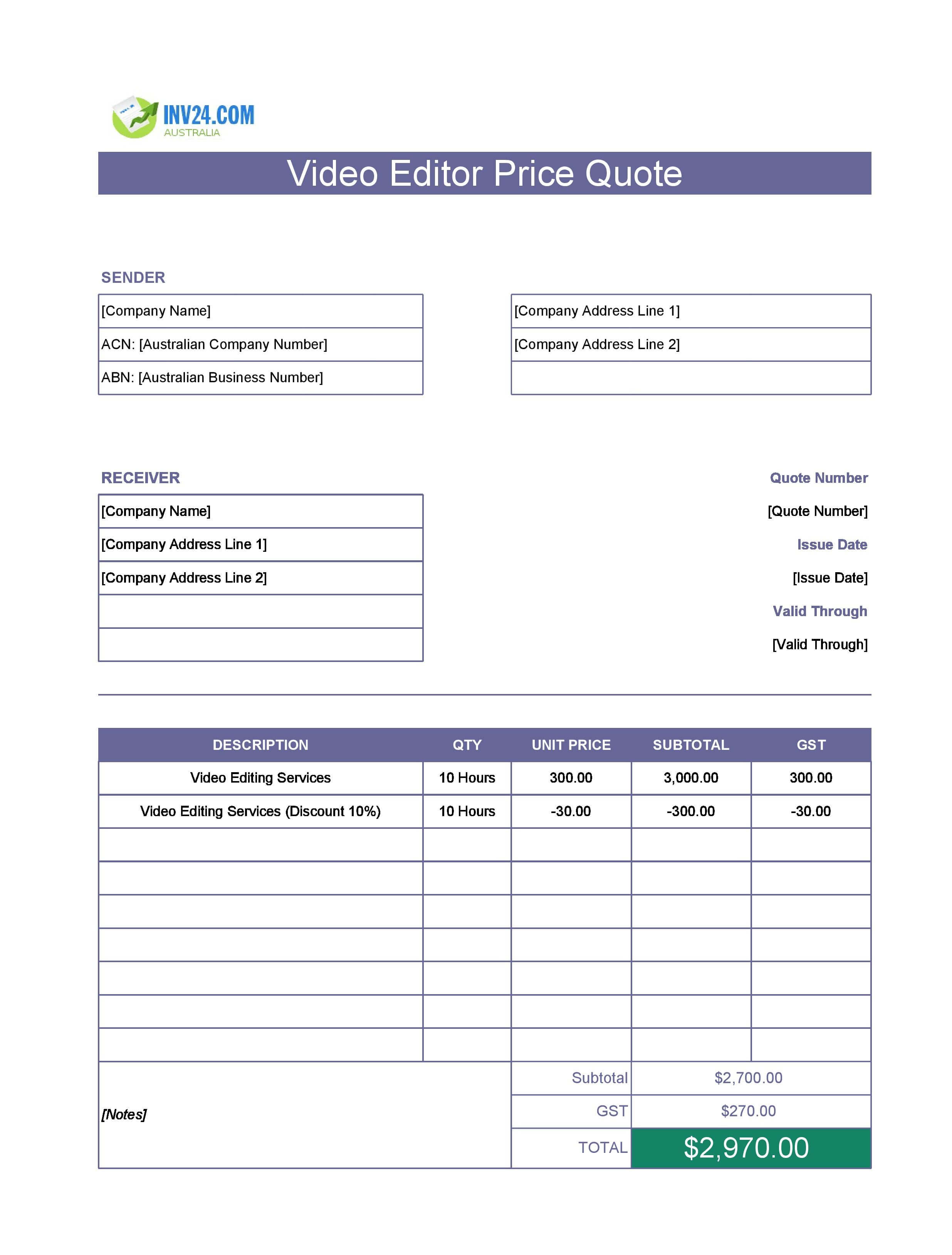 Video Editor Quote Template for Australia (Excel / Google Sheets)