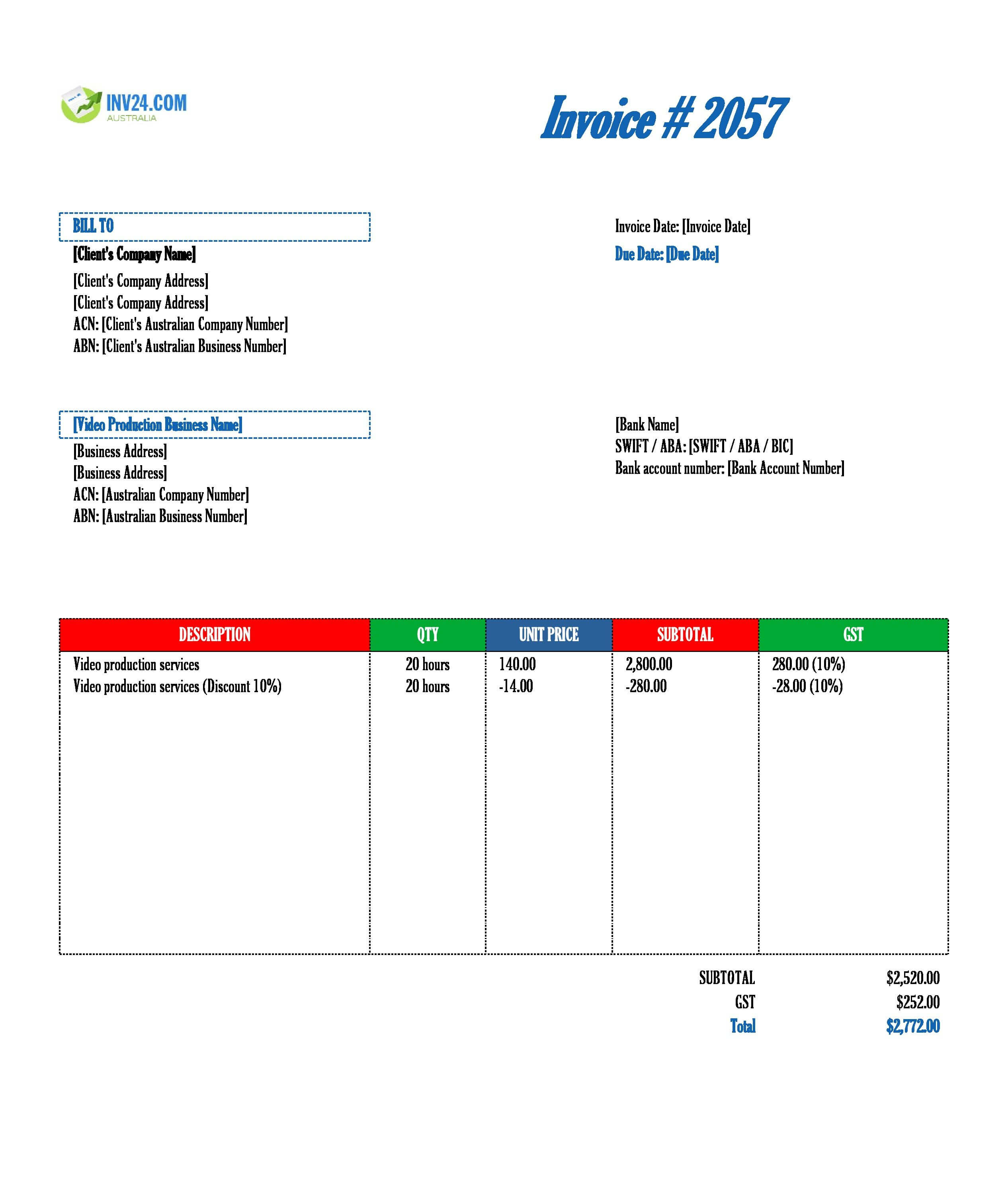 Video Production Invoice Template for Australia (Excel / Google Sheets)