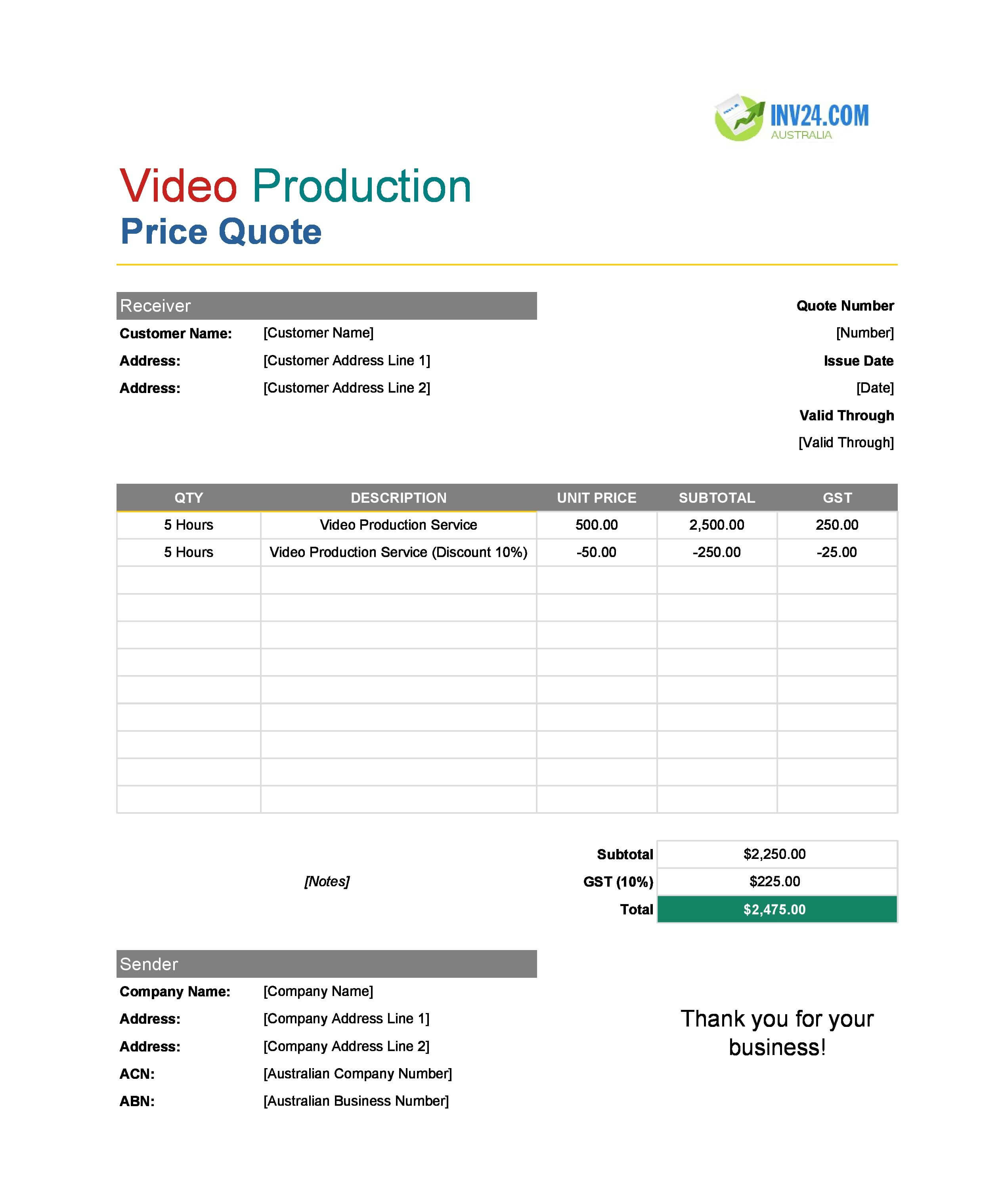 Video Production Quote Template for Australia (Excel / Google Sheets)