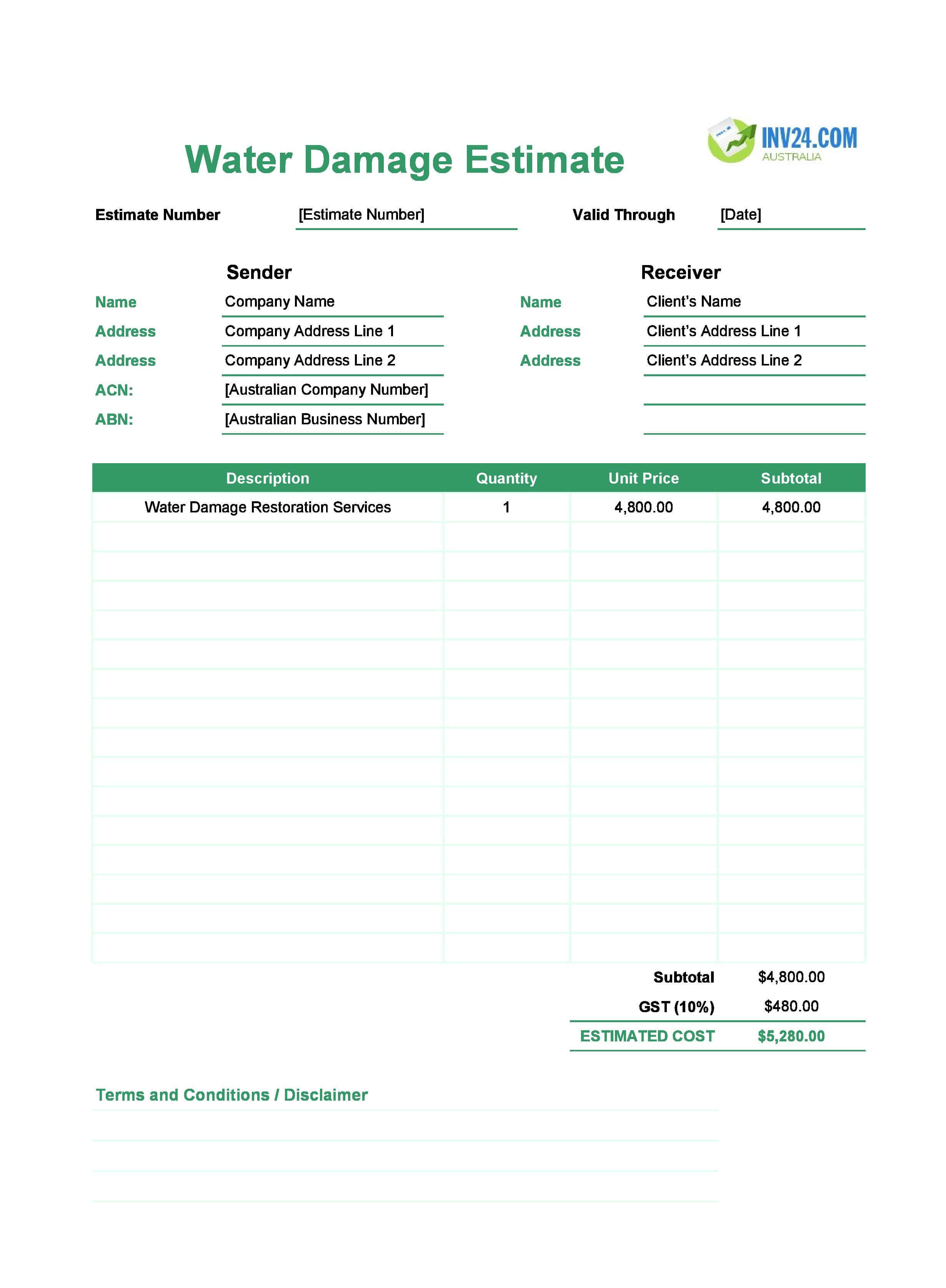 Water Damage Estimate Template for Australia (Excel / Google Sheets)