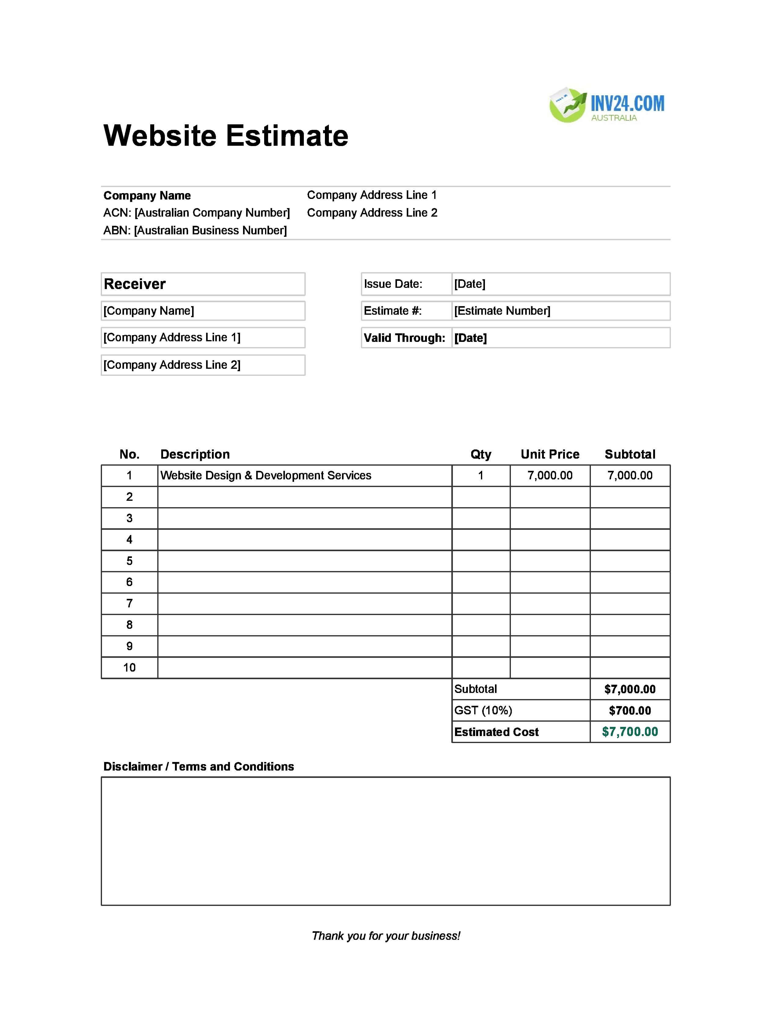 Website Estimate Template for Australia (Excel / Google Sheets)