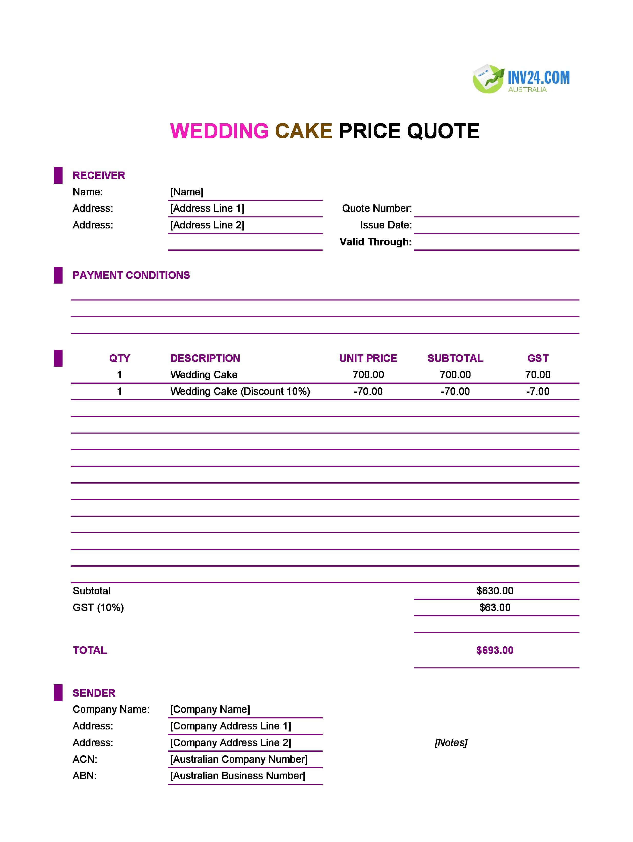 Wedding Cake Quote Template for Australia (Excel / Google Sheets)
