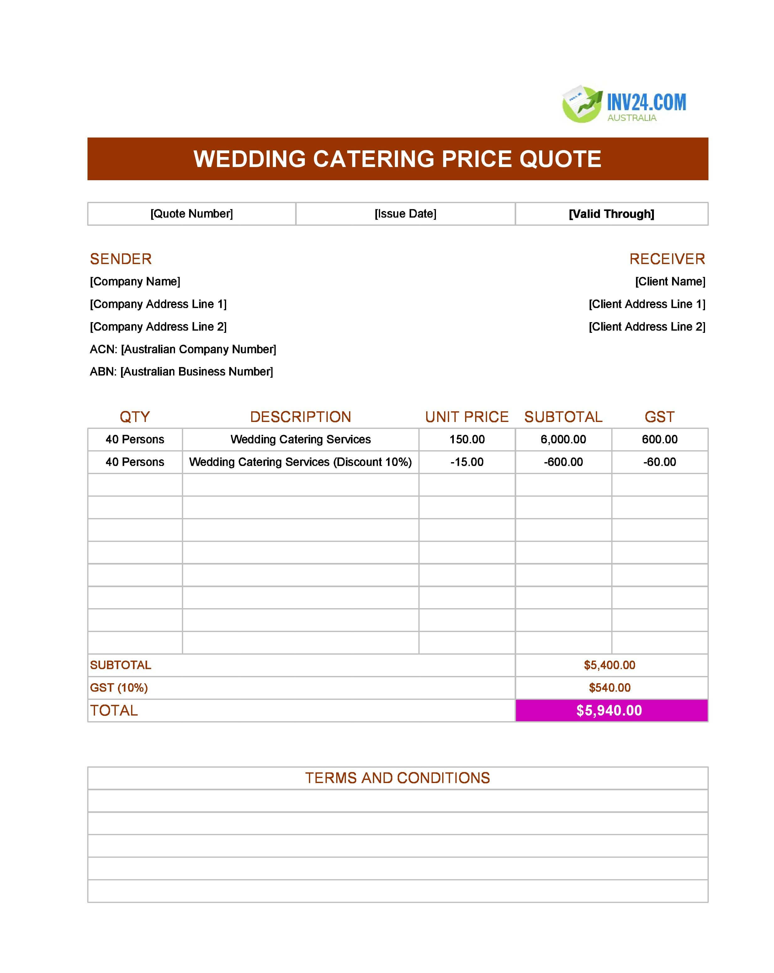 Wedding Catering Quote Template for Australia (Excel / Google Sheets)