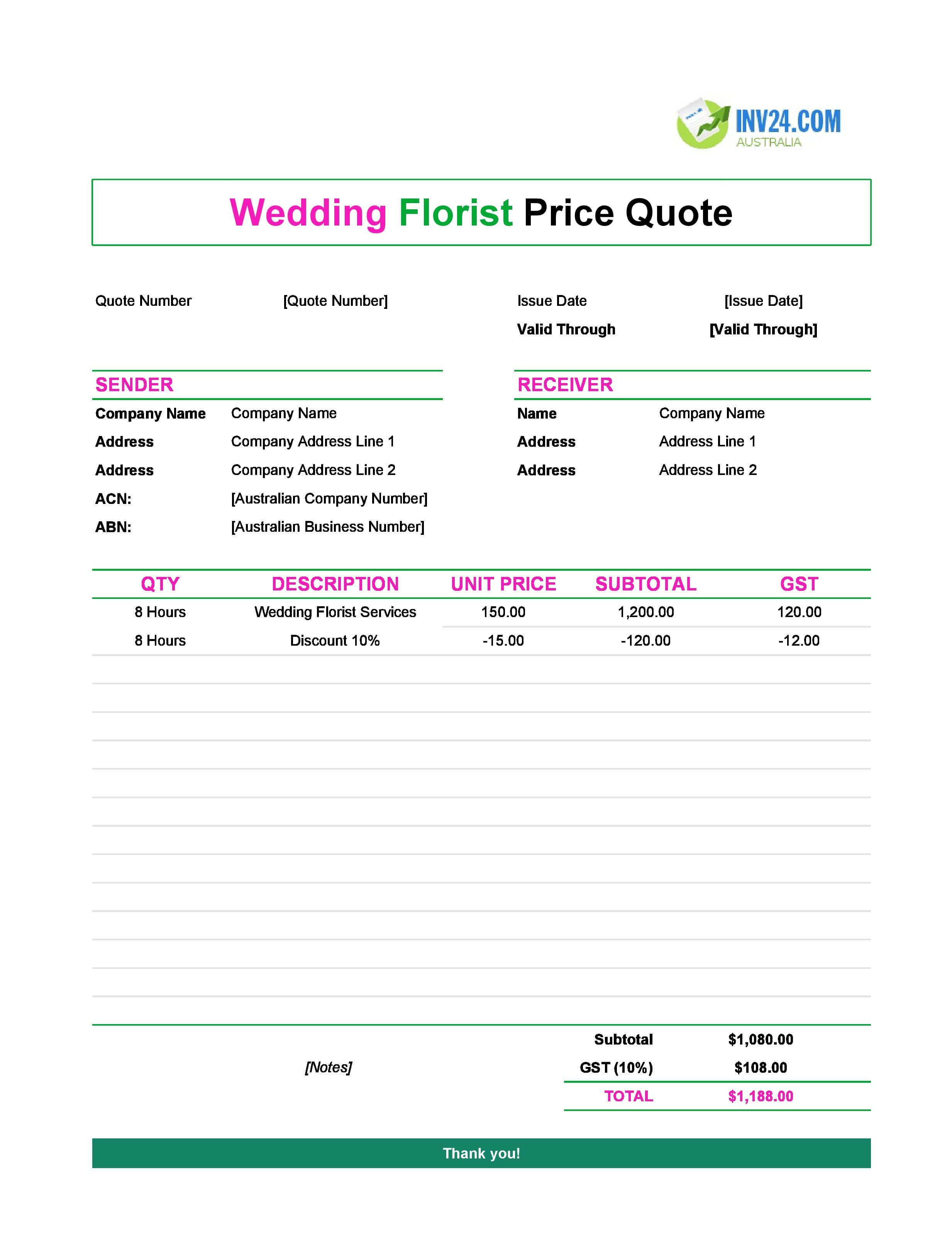 Wedding Florist Quote Template for Australia (Excel / Google Sheets)