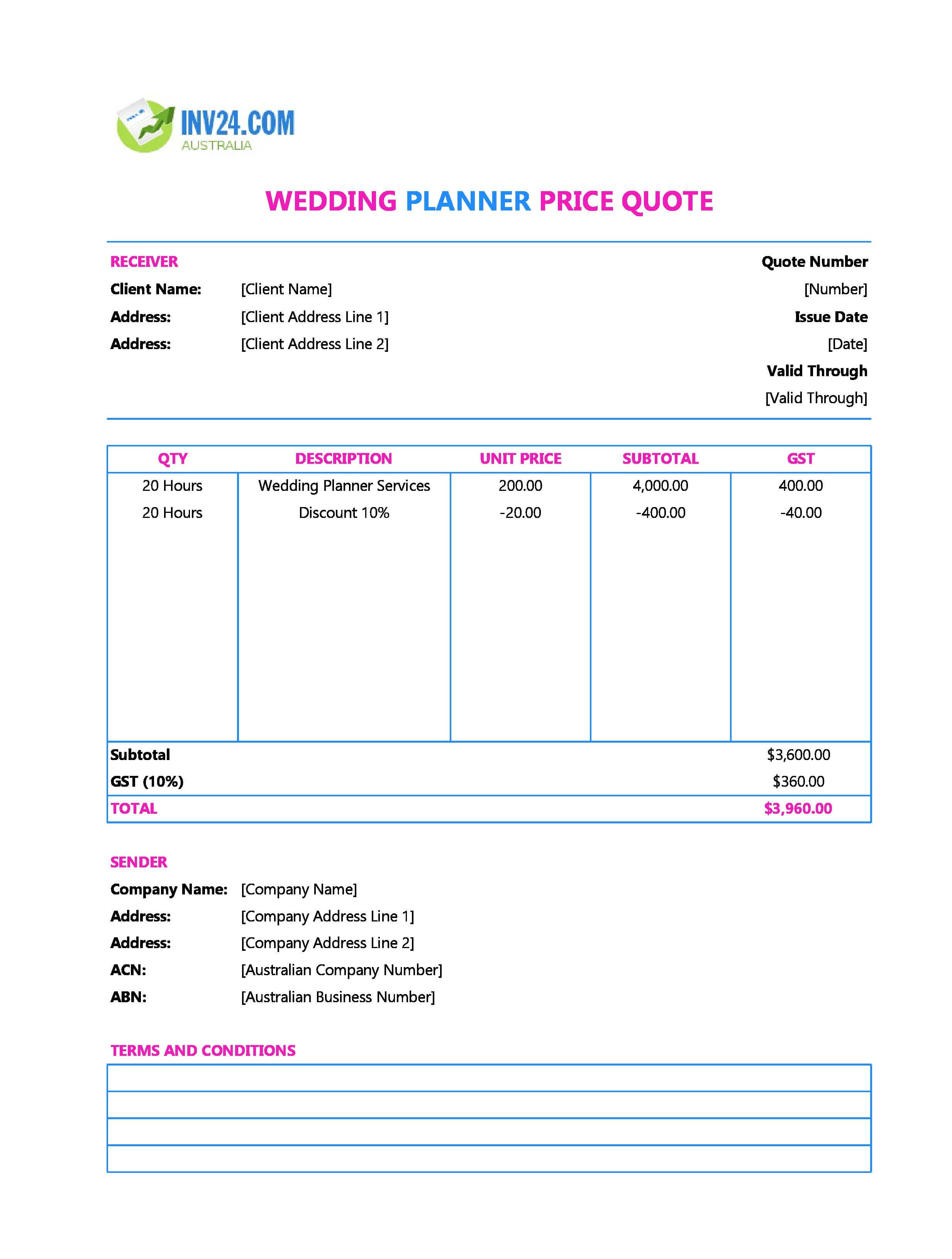Wedding Planner Quote Template for Australia (Excel / Google Sheets)