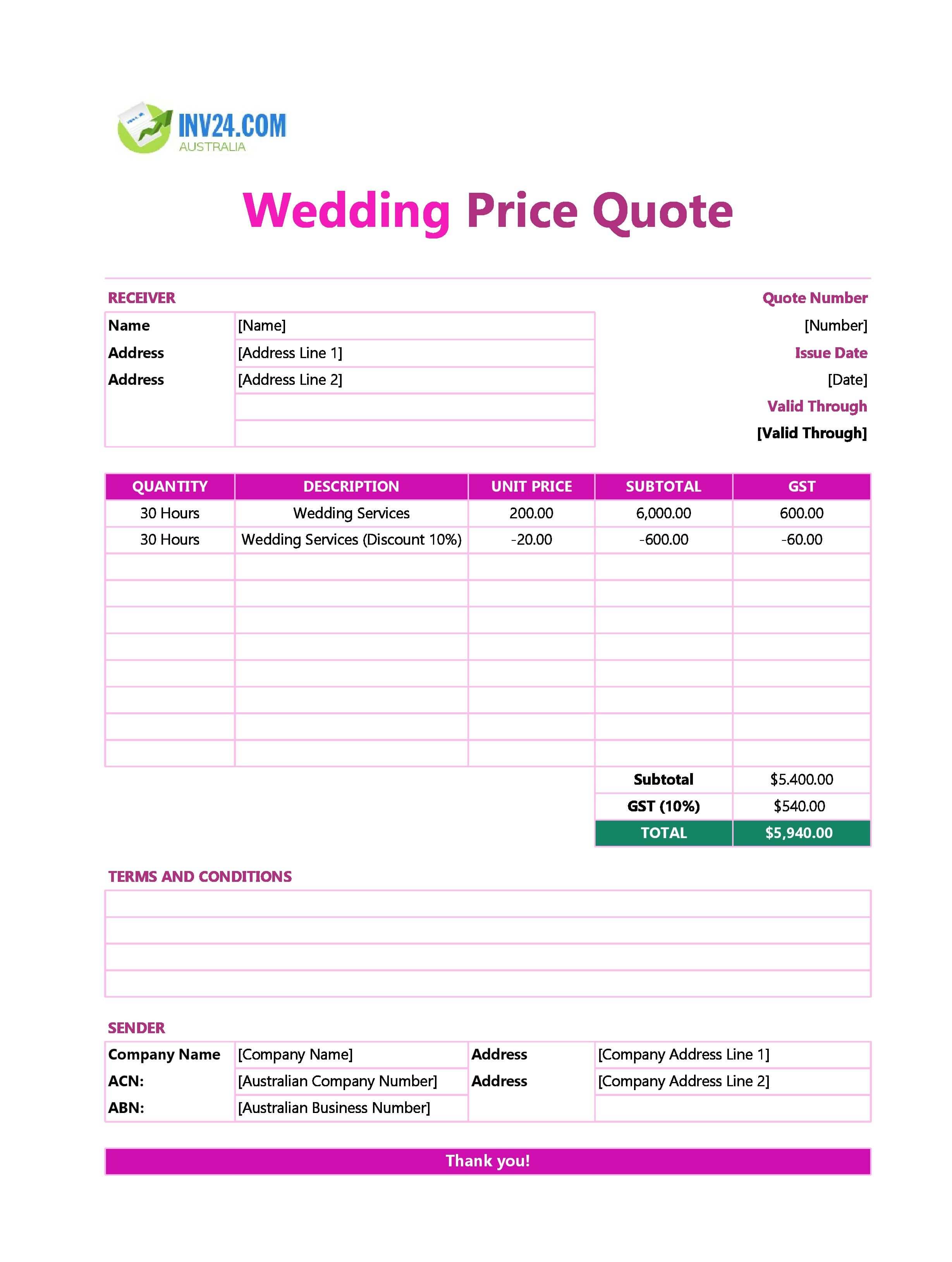 Wedding Quote Template for Australia (Excel / Google Sheets)