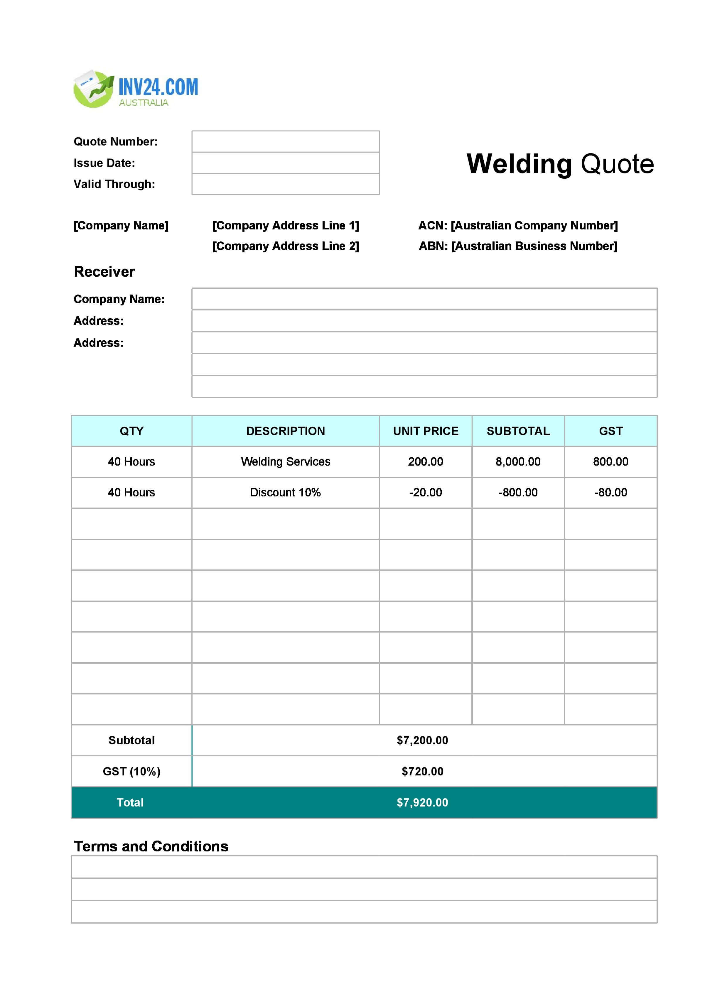 Welding Quote Template for Australia (Excel / Google Sheets)