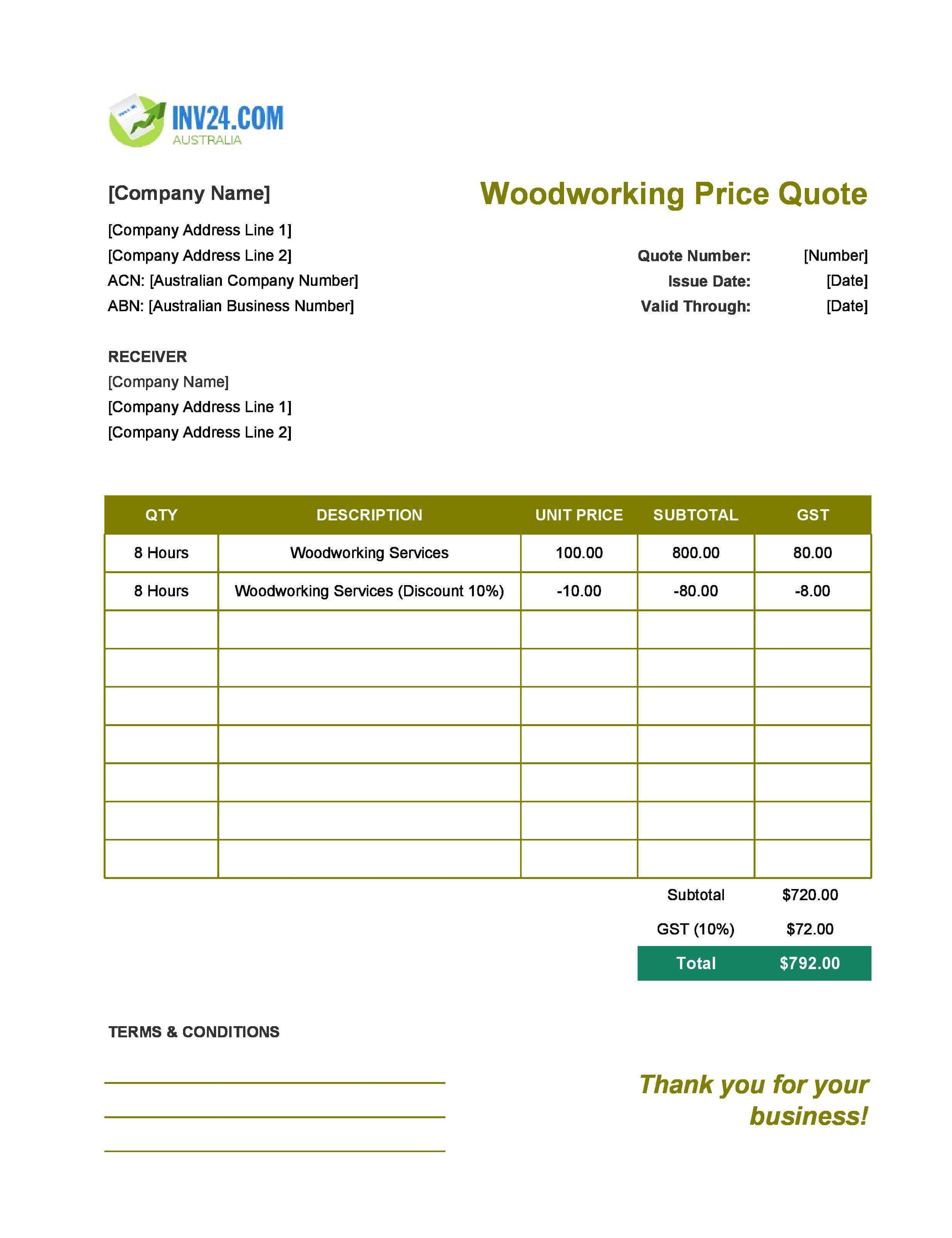 Woodworking Quote Template for Australia (Excel / Google Sheets)