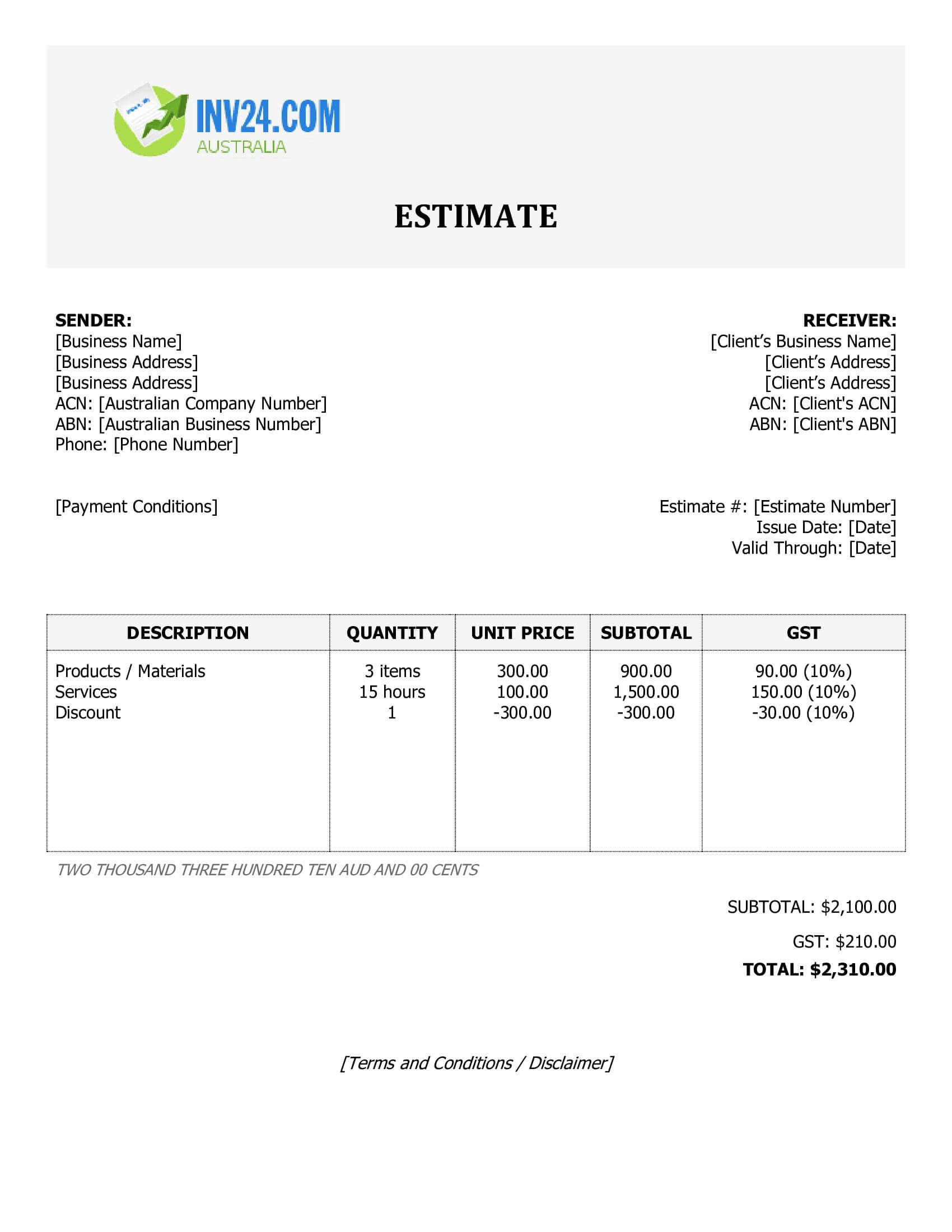 Work Estimate Template for Australia (Word / Google Docs)