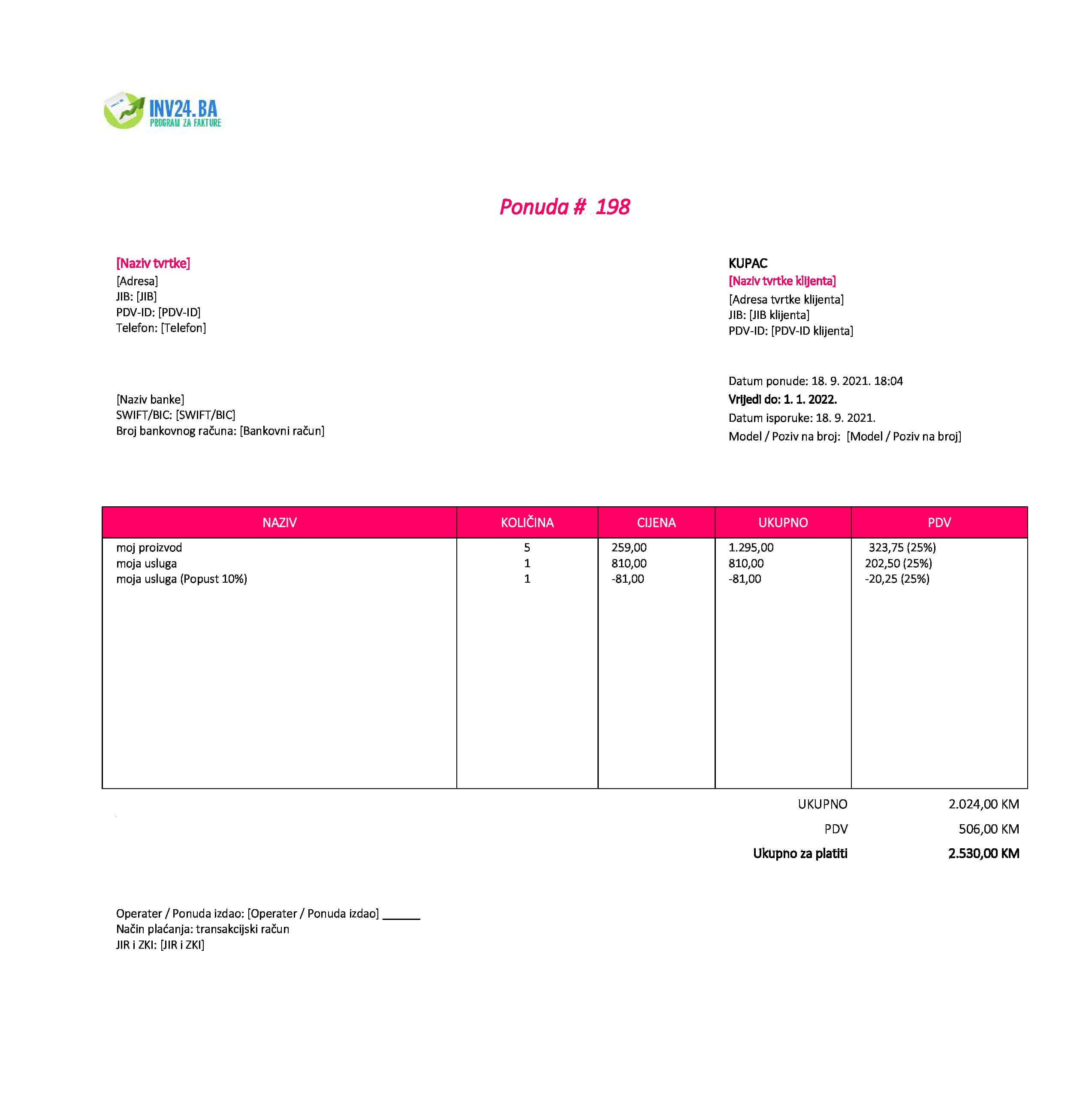 forma ponude BiH (Excel / Google Sheets)