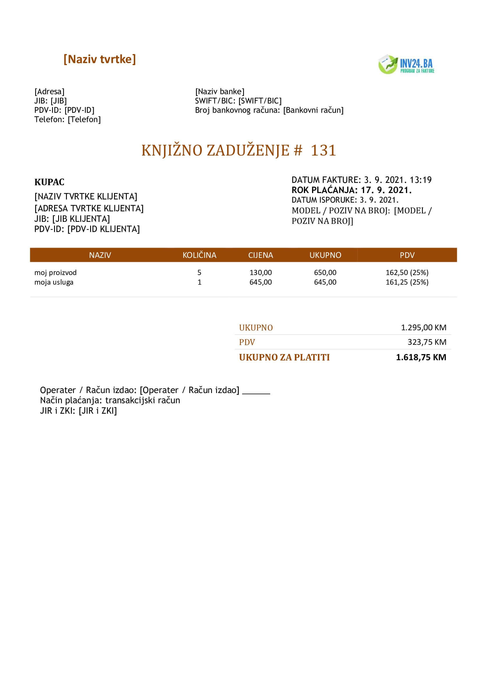knjižno zaduženje (terećenje) primjer BiH (Word / Google Docs)