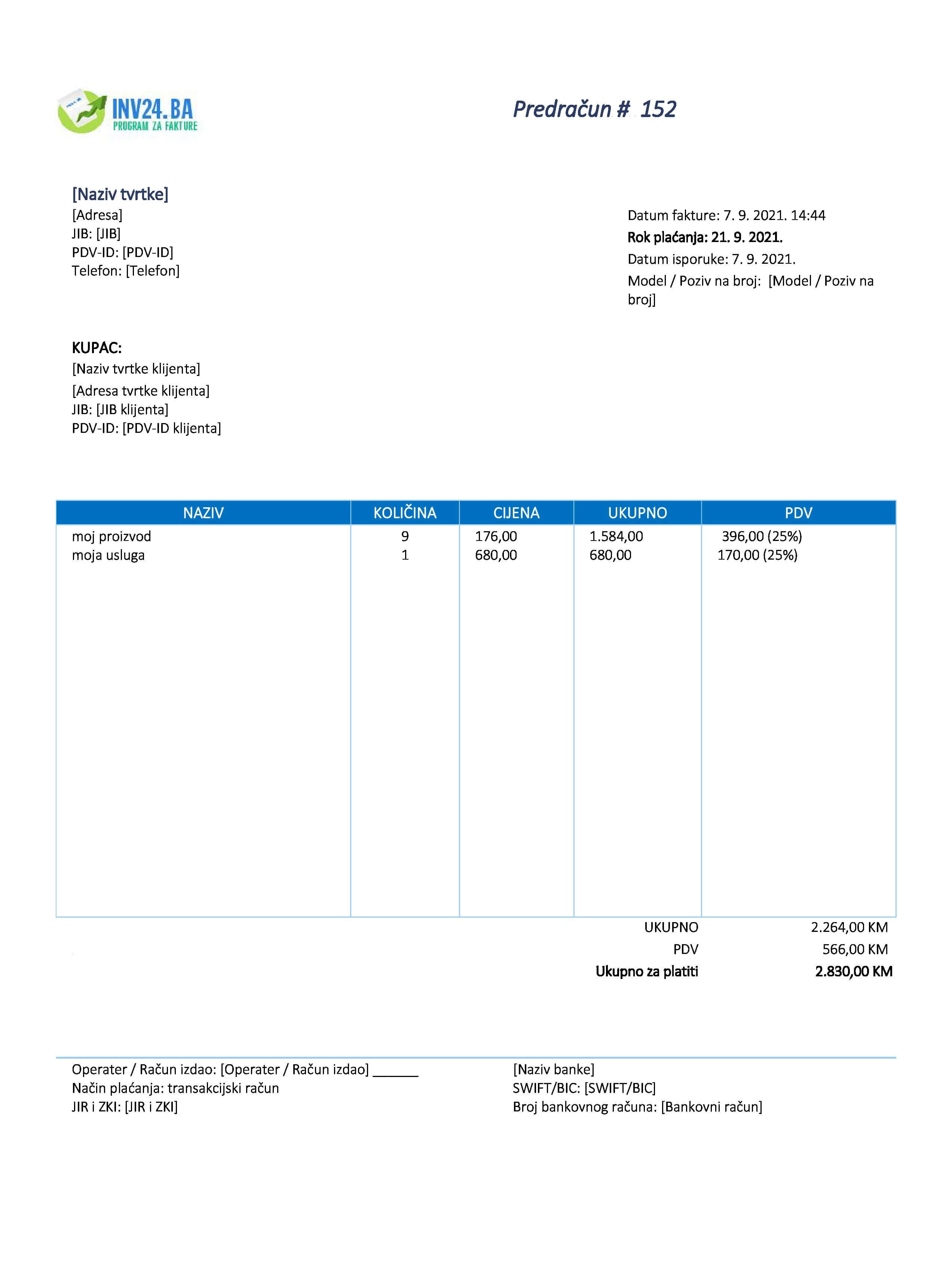predračun (proforma račun) obrazac BiH (Excel / Google Sheets)