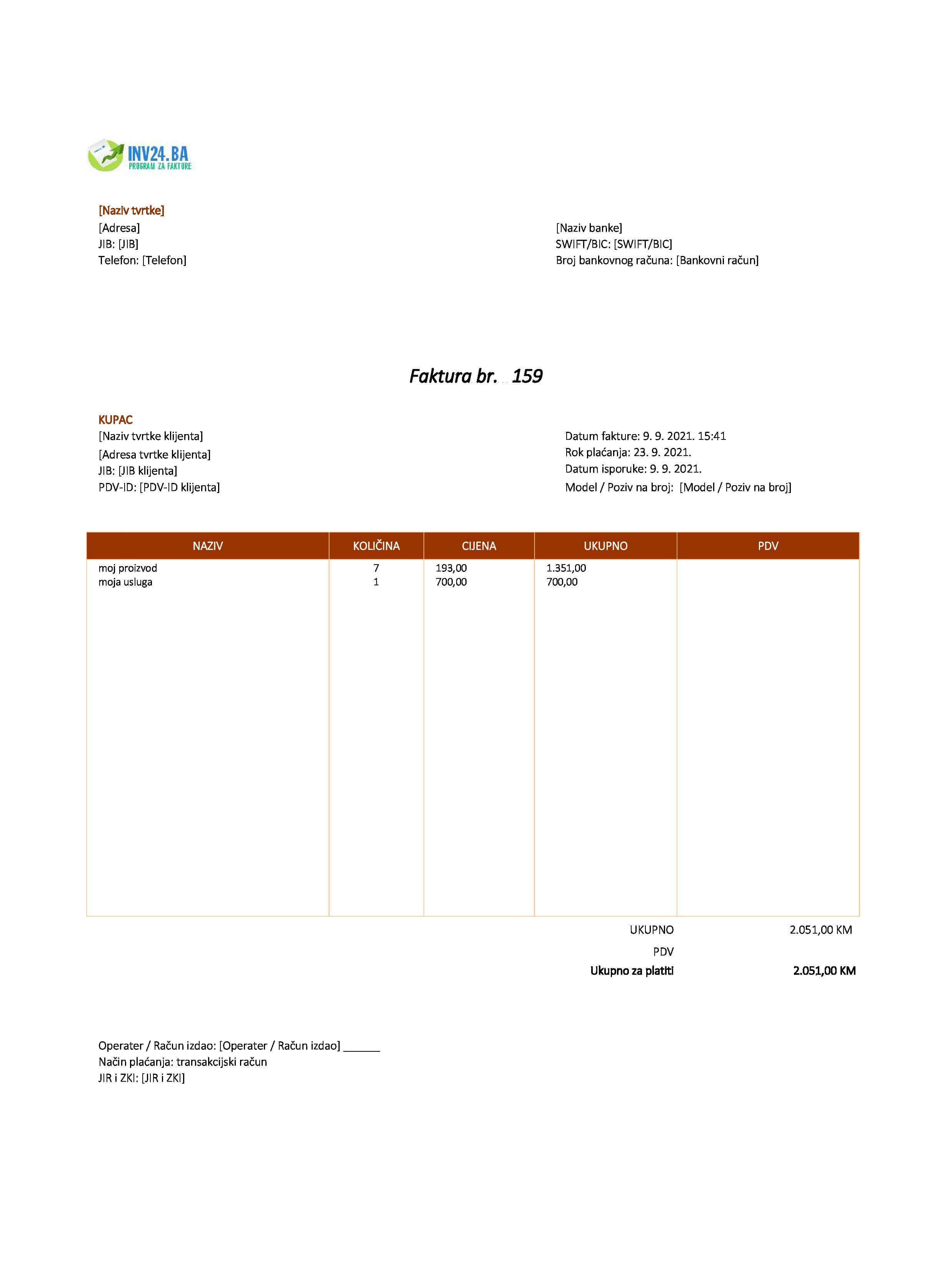 Primjer računa (faktura) bez PDV-a BiH (Excel / Google Sheets)