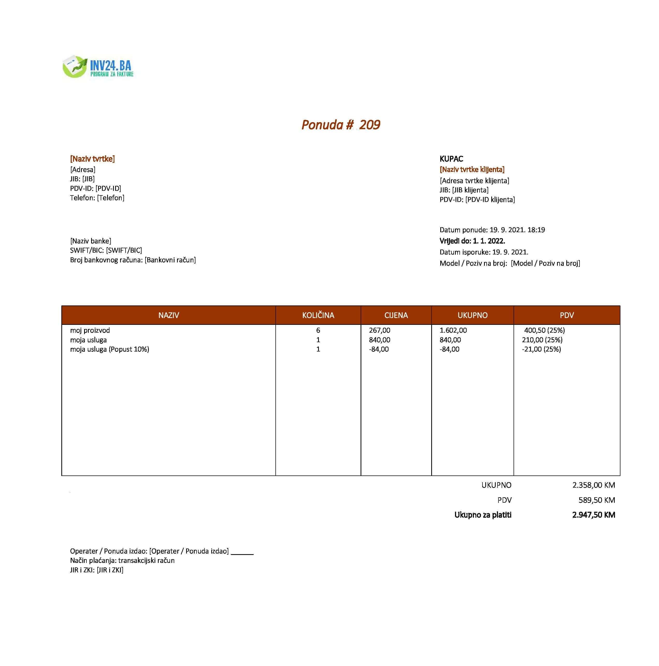 službena ponuda primjer BiH (Excel / Google Sheets)