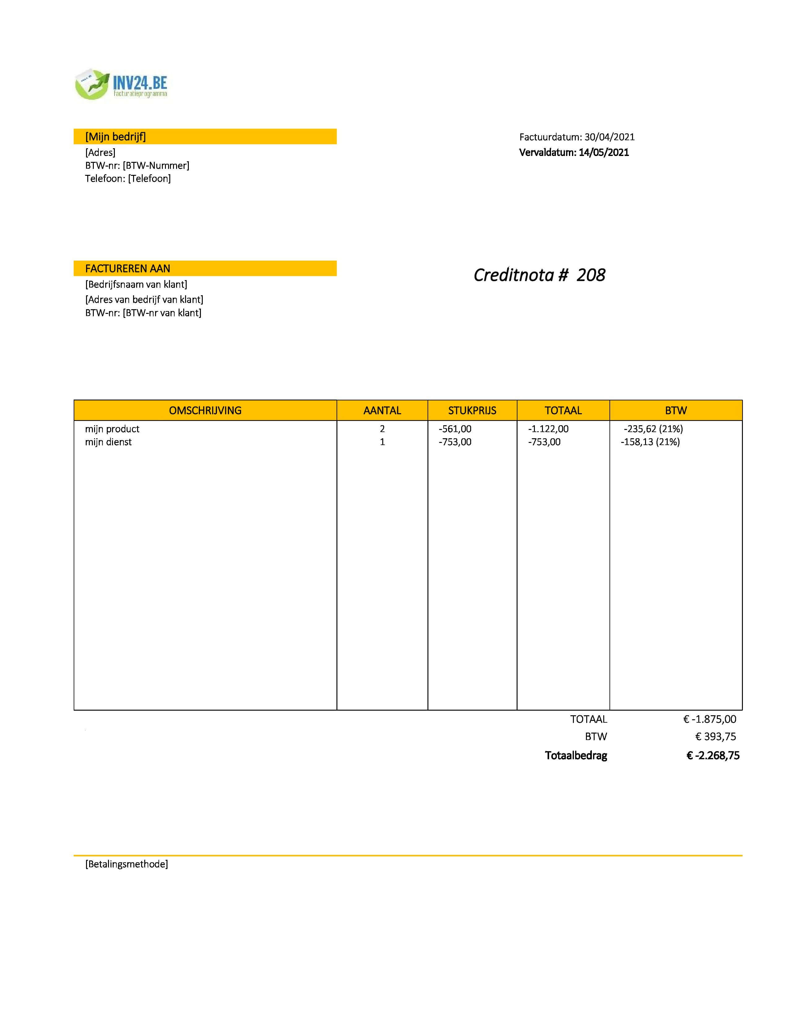 creditnota voorbeeld België