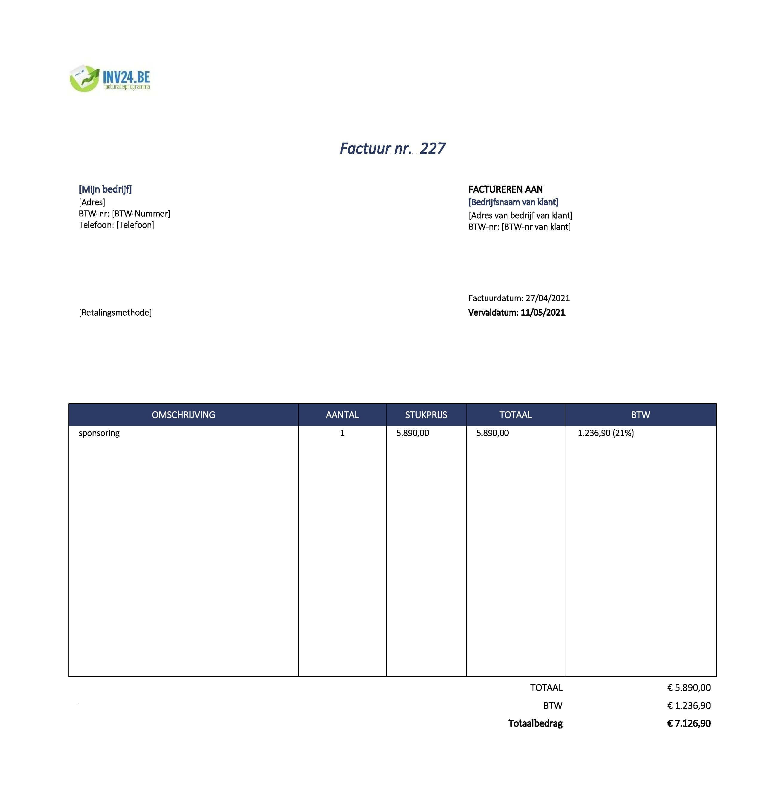 factuur sponsoring voorbeeld België (Excel / Google Sheets)