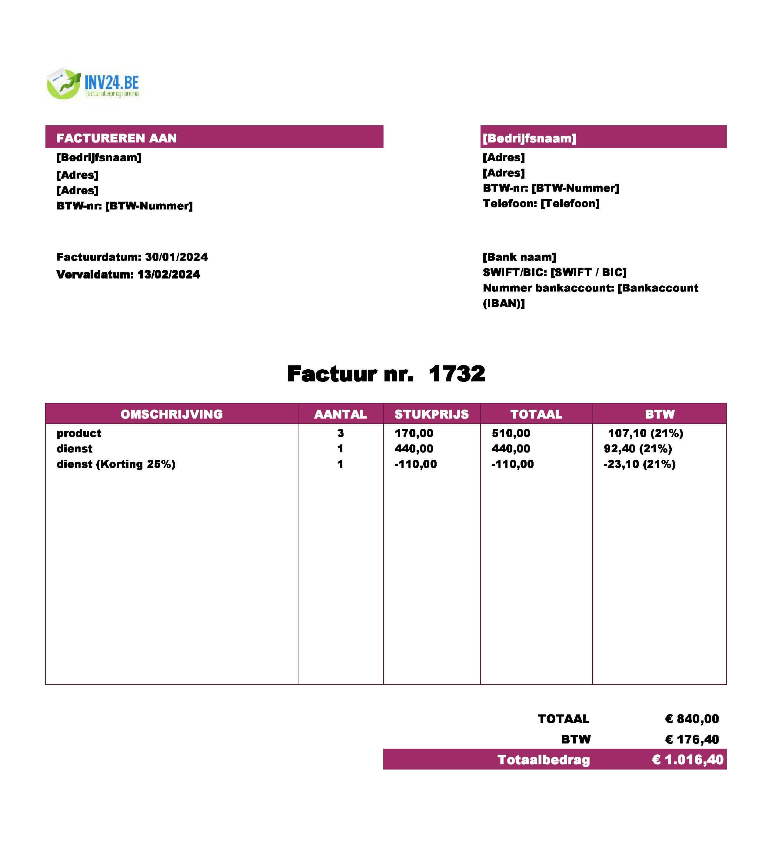 inkoopfactuur voorbeeld België (Excel / Google Sheets)