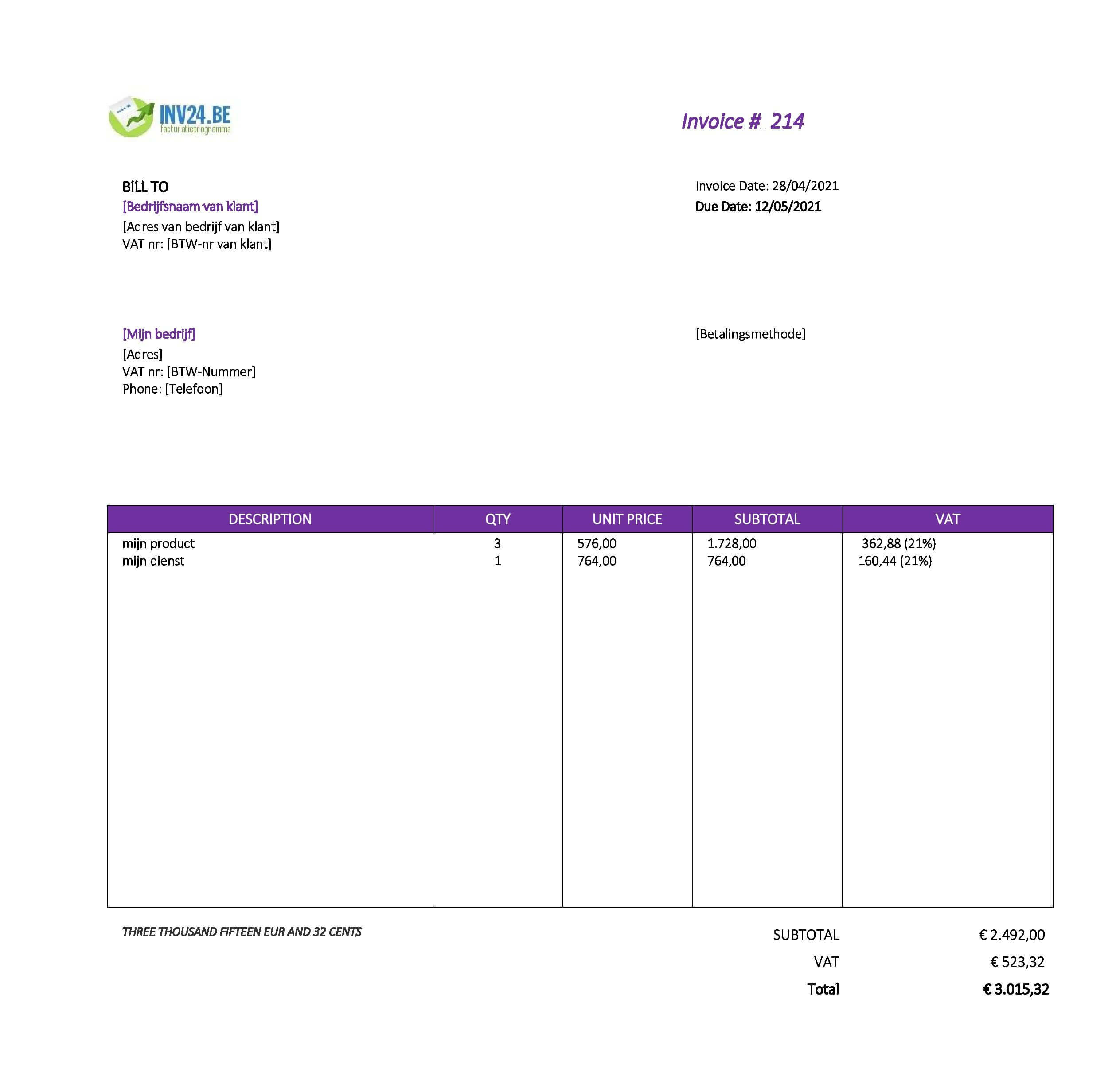 invoice voorbeeld België