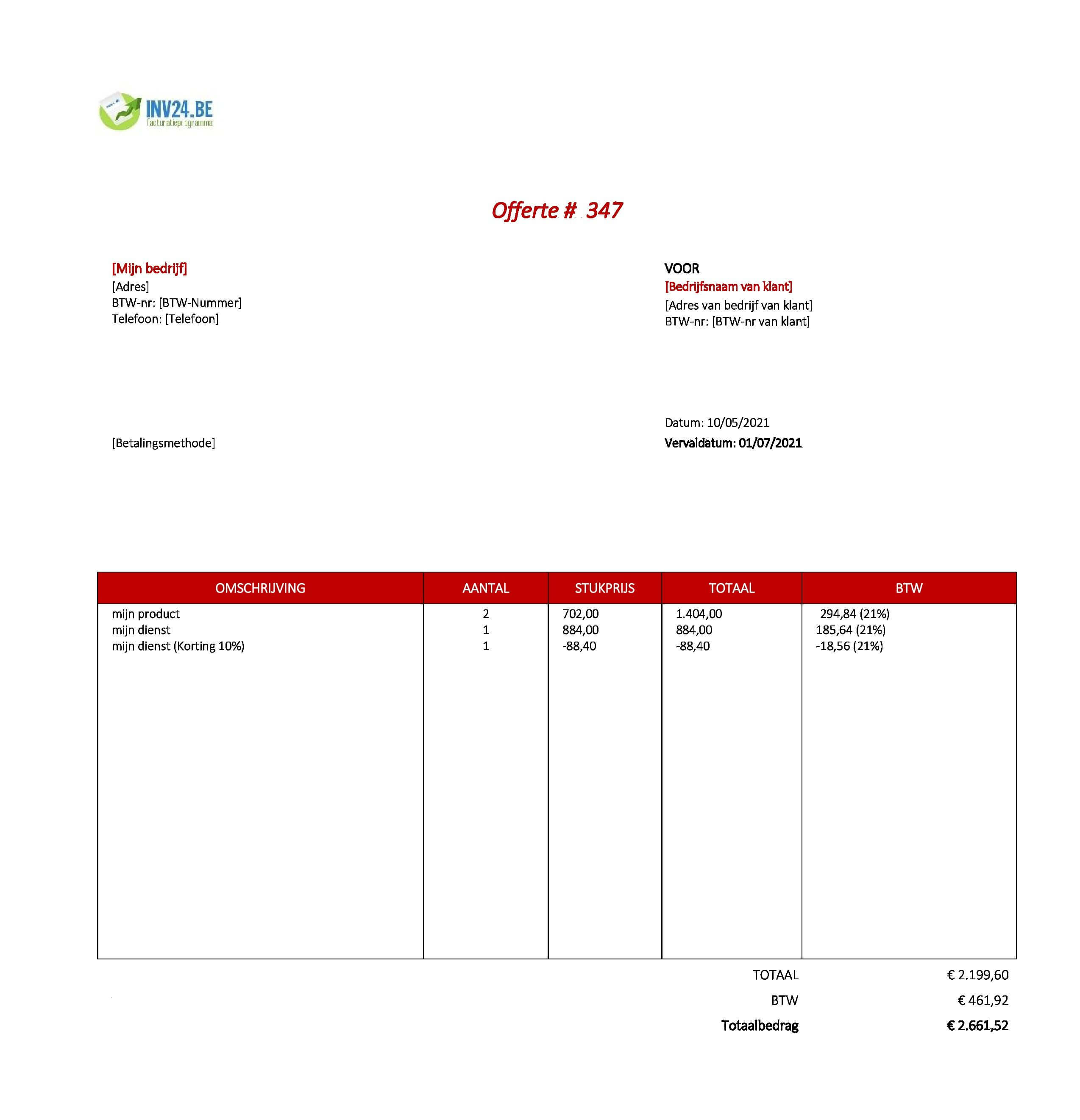 offerte sjabloon België (Excel / Google Sheets)