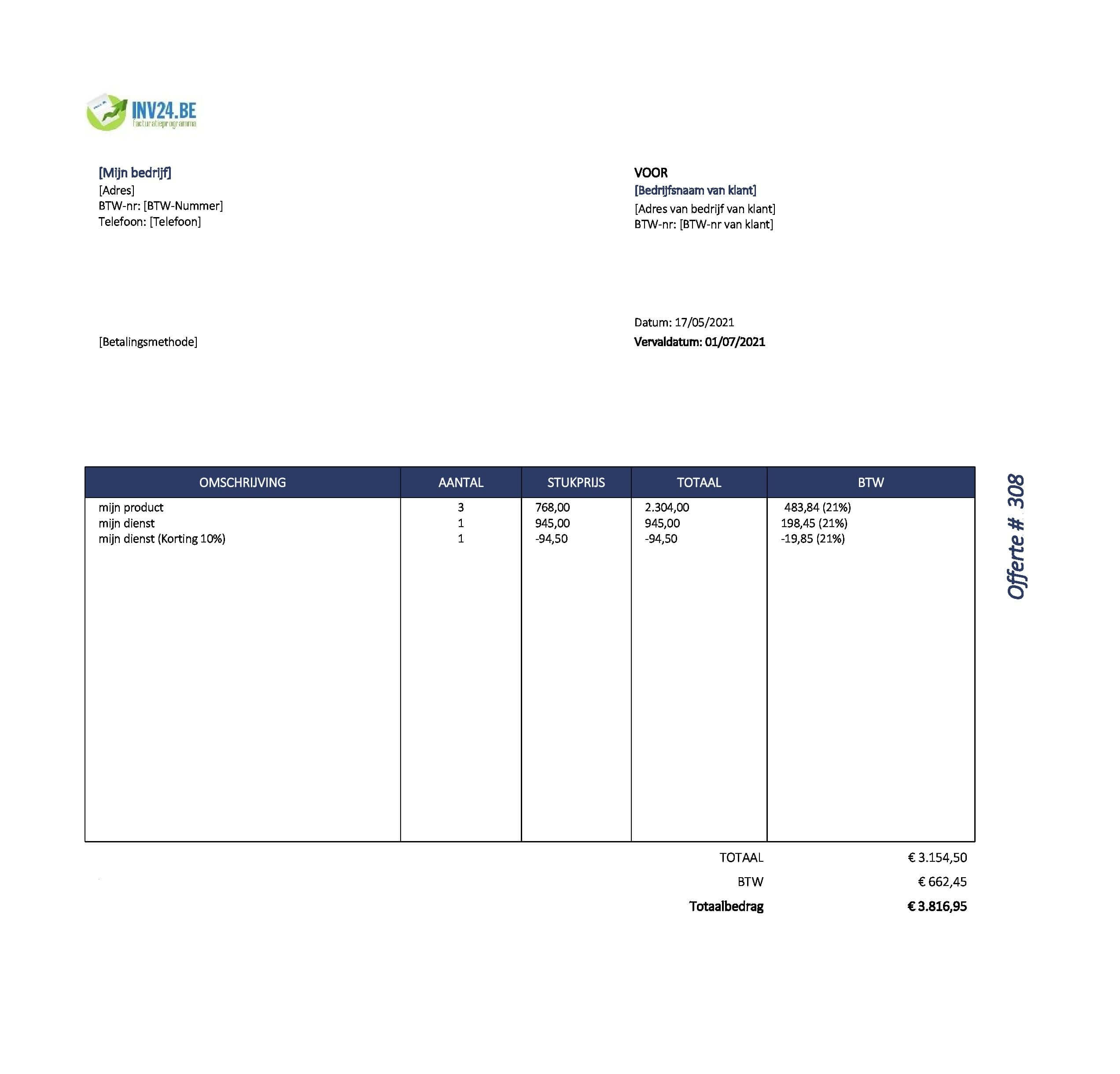 opmaak offerte voorbeeld België (Excel / Google Sheets)