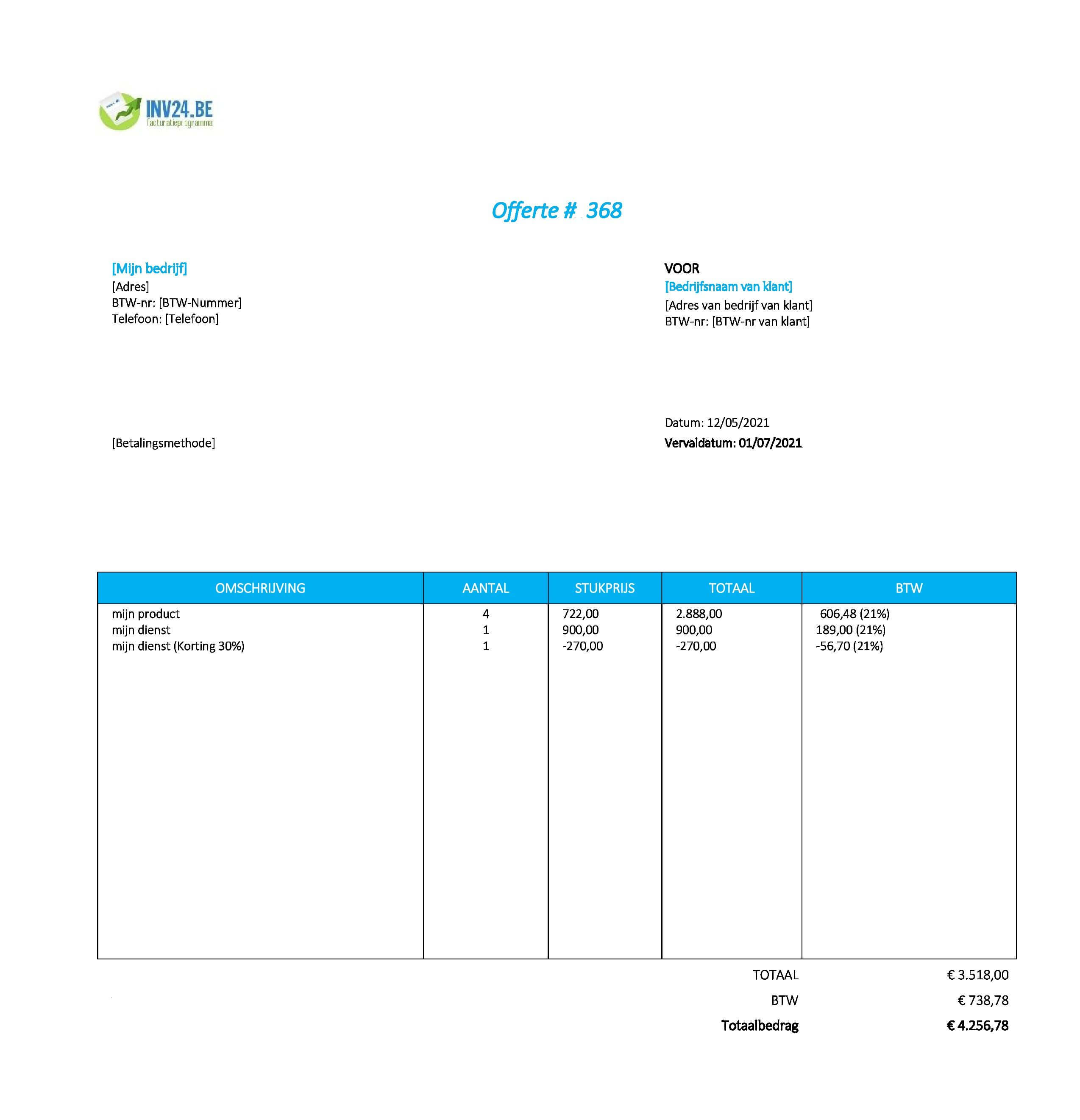prijsopgave voorbeeld België (Excel / Google Sheets)