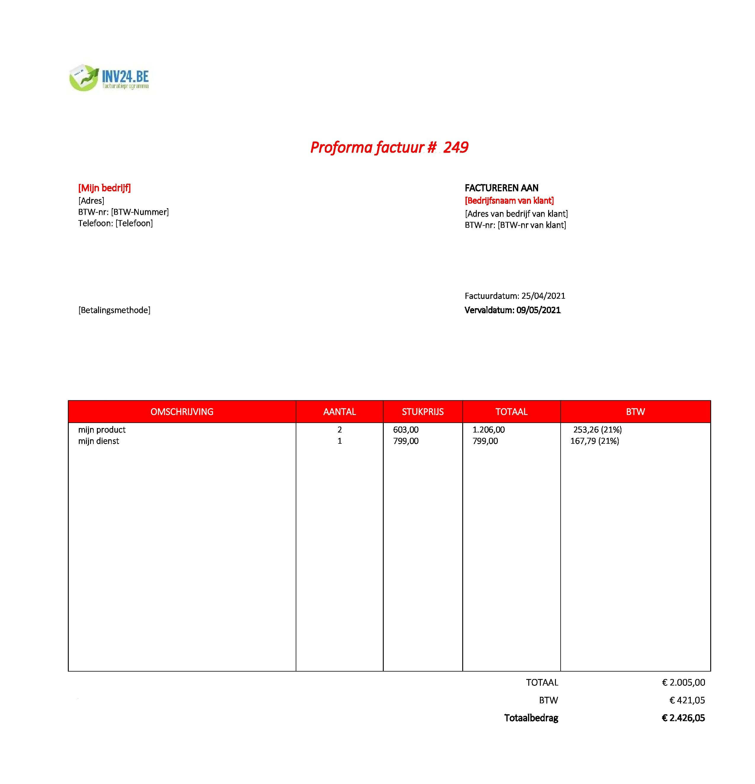 voorbeeld proforma factuur België